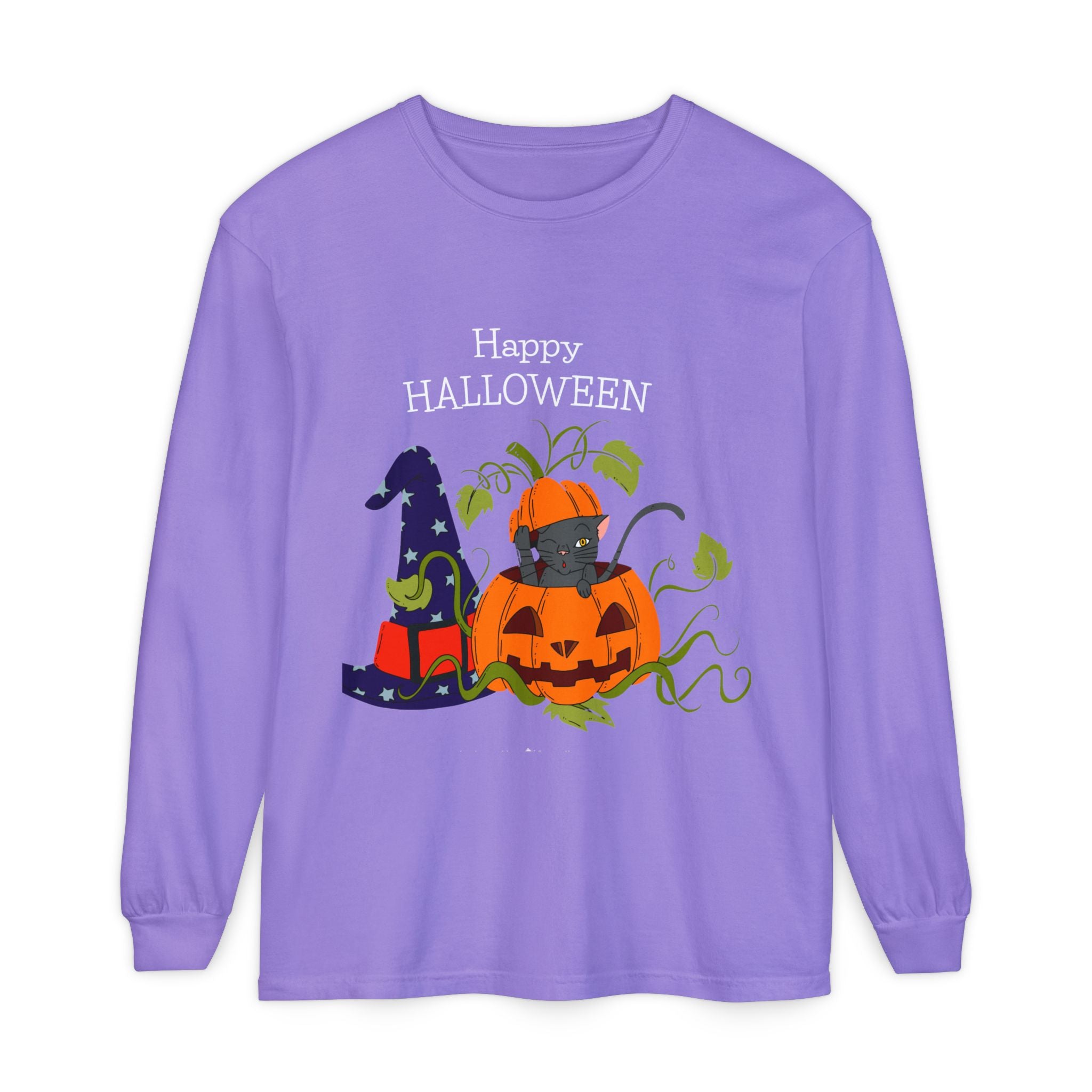 Happy Halloween Cat Long Sleeve T-Shirt, Unisex Halloween Shirt, Spooky Seasonal Apparel, Cute Trick or Treat Tee, Fall Festive Wear