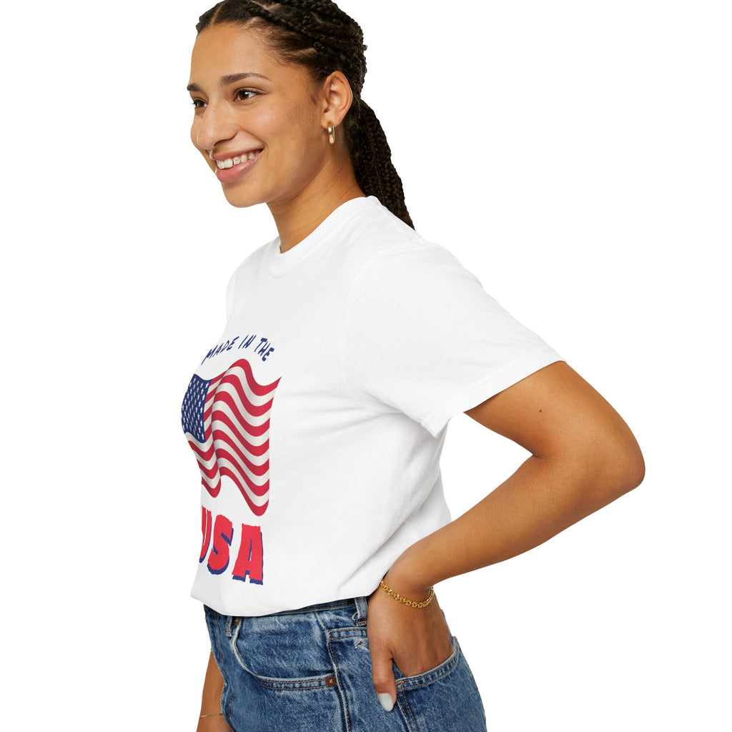 Patriotic T-Shirt for Celebrations, Made in the USA Tee, Unisex Garment-Dyed Shirt, July 4th Apparel, Red White Blue Tee