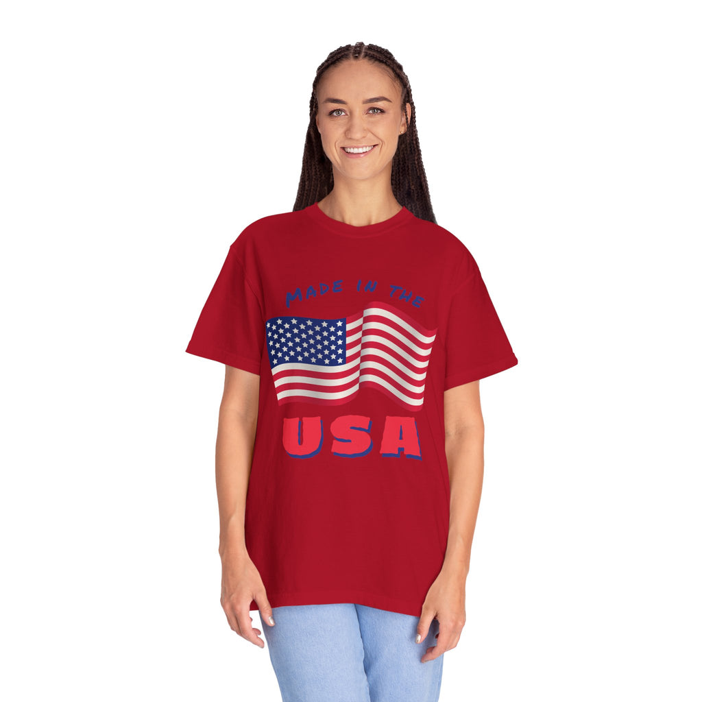 Patriotic T-Shirt for Celebrations, Made in the USA Tee, Unisex Garment-Dyed Shirt, July 4th Apparel, Red White Blue Tee