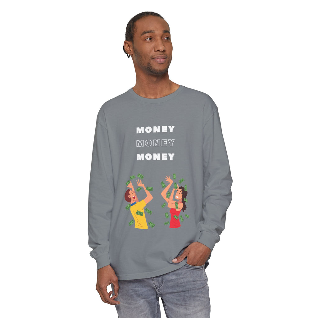 Money-Themed Long Sleeve T-Shirt, Funny Graphic Top, Gift for Finance Lovers, Casual Wear, Party Outfit, Unique Apparel