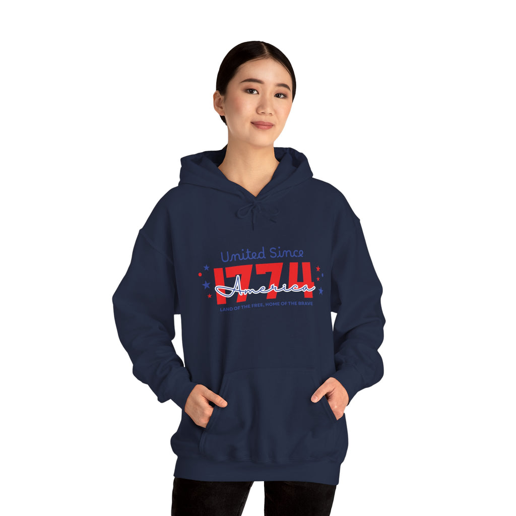 Patriotic Hooded Sweatshirt - United Since 1774, Unisex Pullover, 4th of July Gift, Cozy Fall Apparel, Red White Blue Hoodie