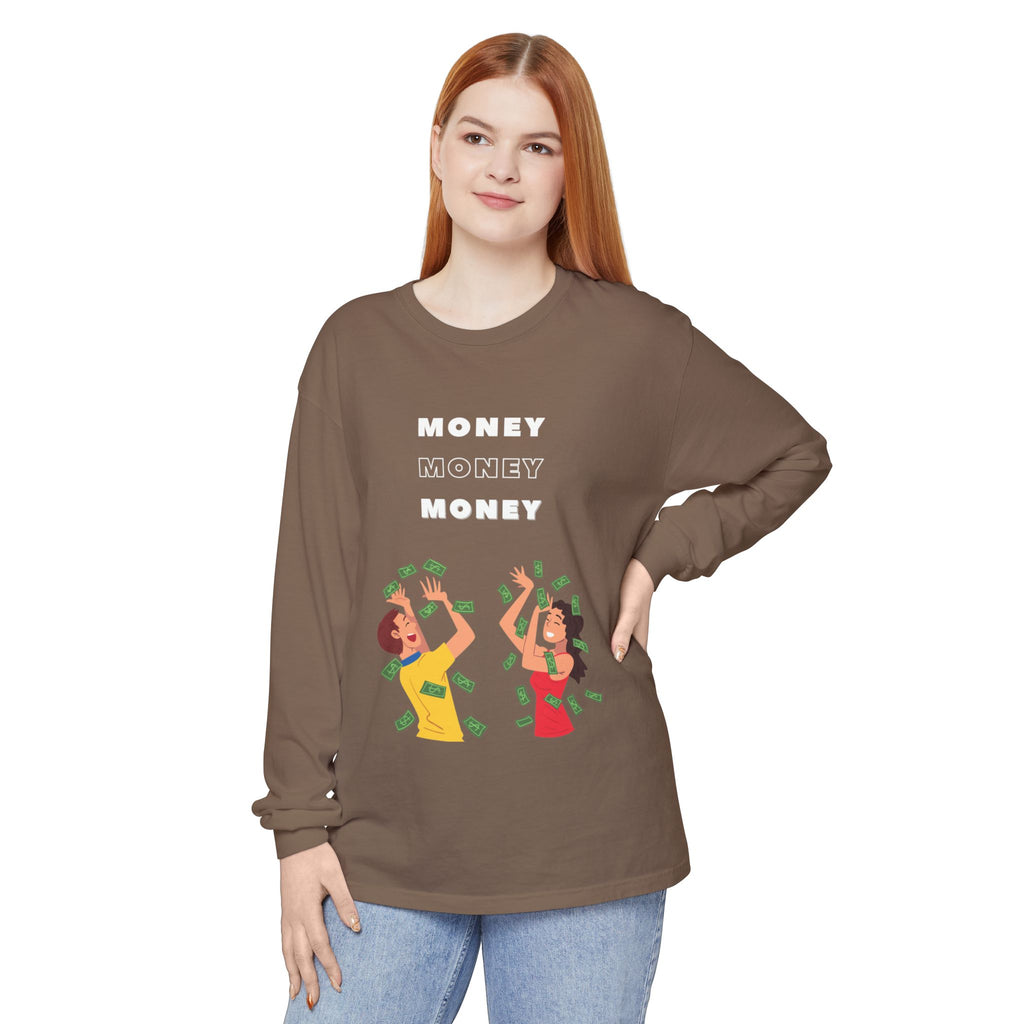 Money-Themed Long Sleeve T-Shirt, Funny Graphic Top, Gift for Finance Lovers, Casual Wear, Party Outfit, Unique Apparel