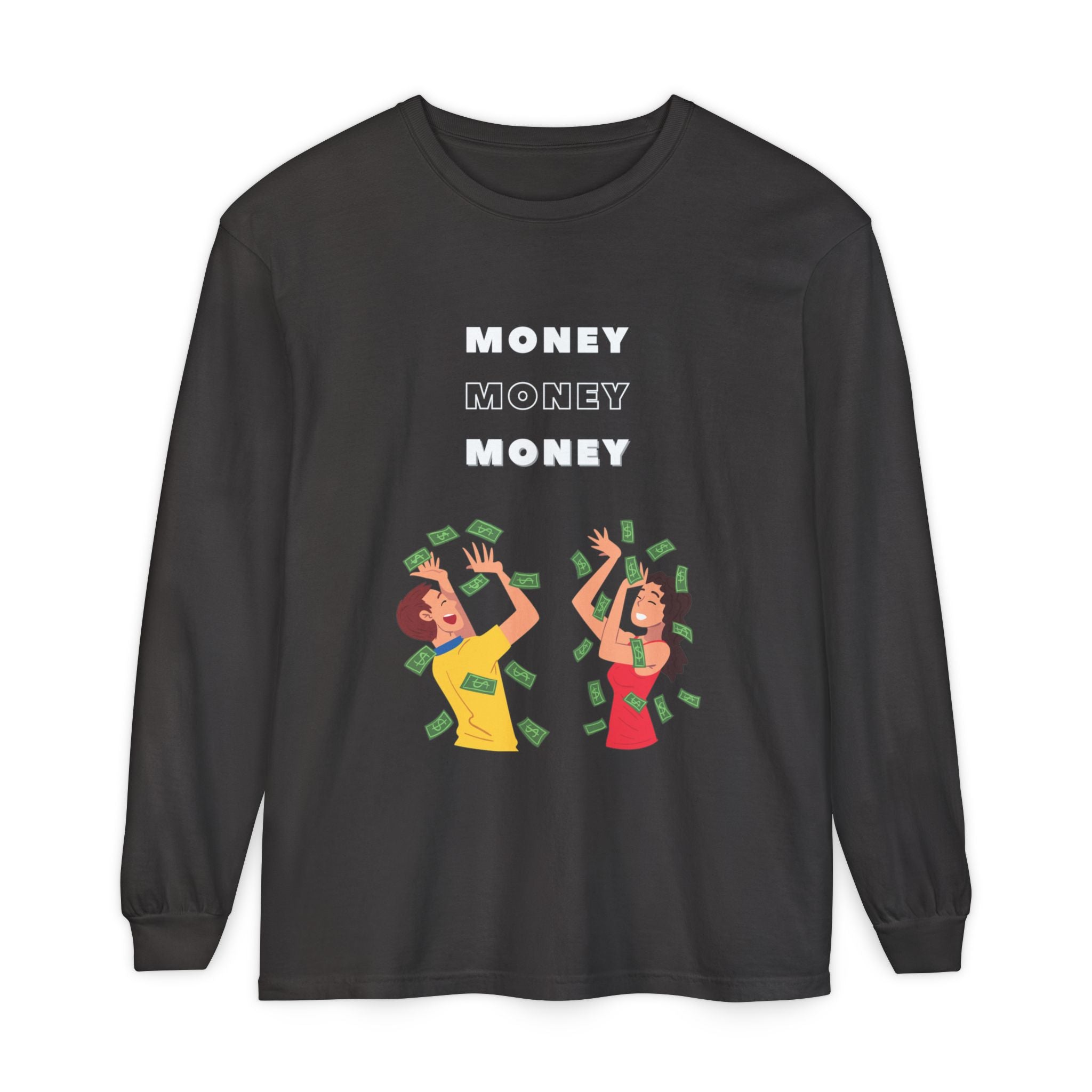 Money-Themed Long Sleeve T-Shirt, Funny Graphic Top, Gift for Finance Lovers, Casual Wear, Party Outfit, Unique Apparel