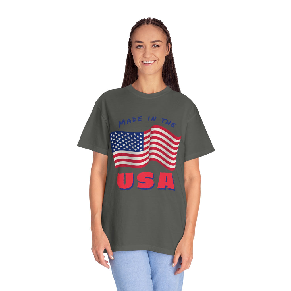 Patriotic T-Shirt for Celebrations, Made in the USA Tee, Unisex Garment-Dyed Shirt, July 4th Apparel, Red White Blue Tee