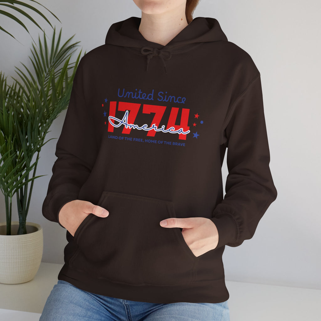 Patriotic Hooded Sweatshirt - United Since 1774, Unisex Pullover, 4th of July Gift, Cozy Fall Apparel, Red White Blue Hoodie