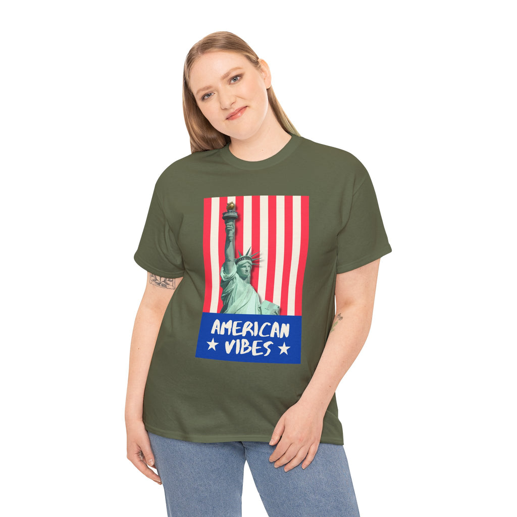 American Vibes Unisex Heavy Cotton Tee, Patriotic Shirt, Gift for Veterans, Independence Day Apparel, Summer Casual Wear