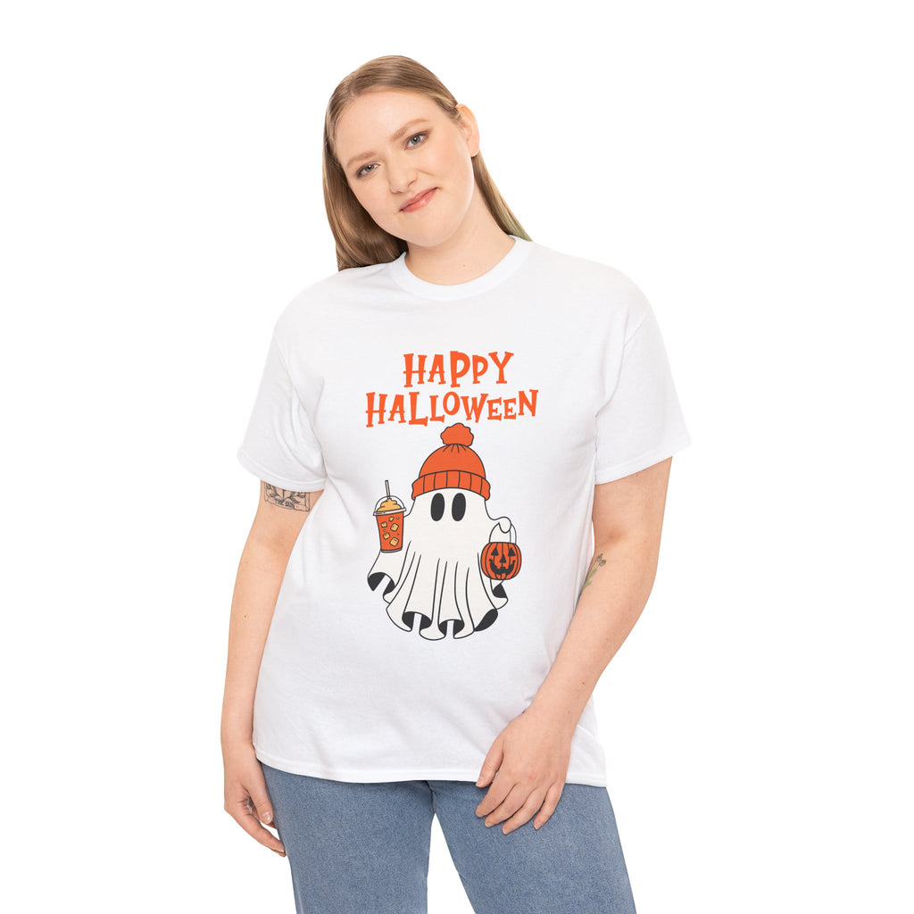 Happy Halloween Ghost Tee, Unisex Cotton T-Shirt, Halloween Apparel, Fall Fashion, Cute Halloween Gift, Ghost Tee