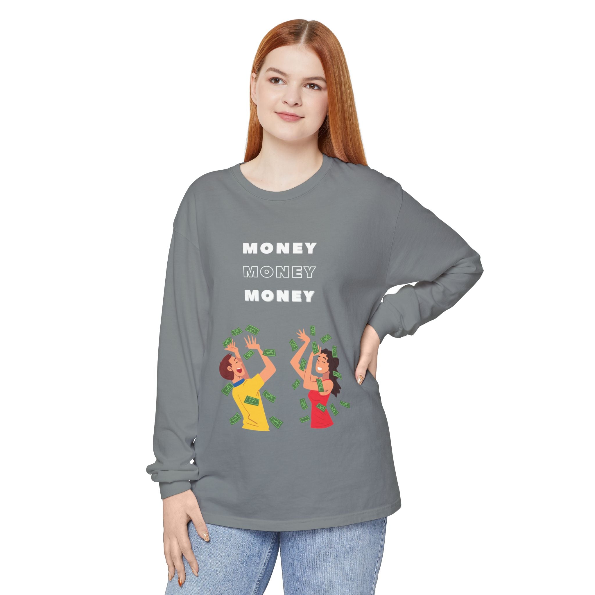 Money-Themed Long Sleeve T-Shirt, Funny Graphic Top, Gift for Finance Lovers, Casual Wear, Party Outfit, Unique Apparel