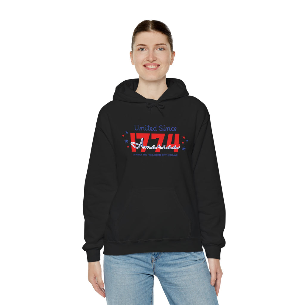 Patriotic Hooded Sweatshirt - United Since 1774, Unisex Pullover, 4th of July Gift, Cozy Fall Apparel, Red White Blue Hoodie