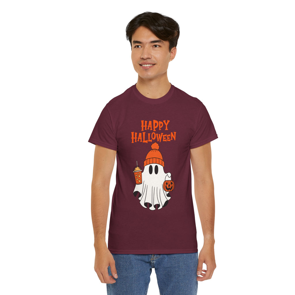 Happy Halloween Ghost Tee, Unisex Cotton T-Shirt, Halloween Apparel, Fall Fashion, Cute Halloween Gift, Ghost Tee