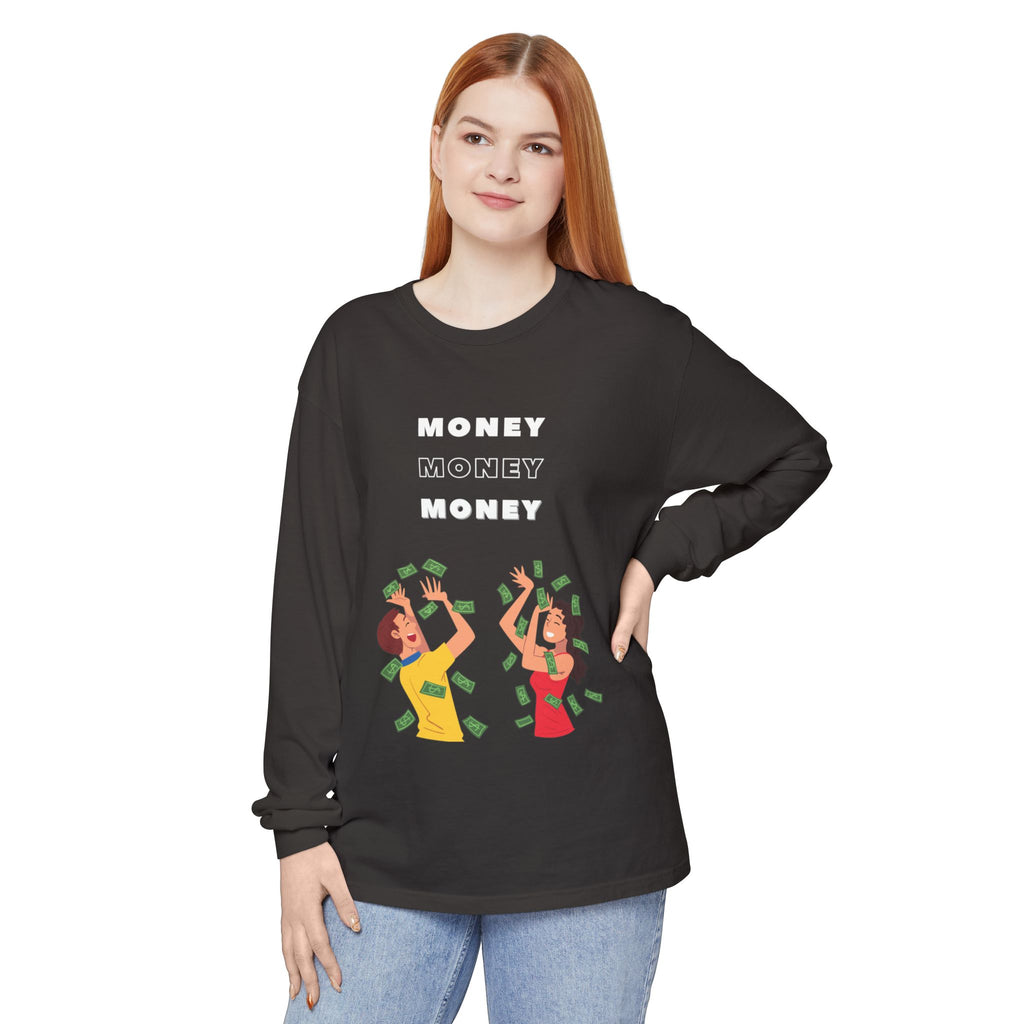 Money-Themed Long Sleeve T-Shirt, Funny Graphic Top, Gift for Finance Lovers, Casual Wear, Party Outfit, Unique Apparel