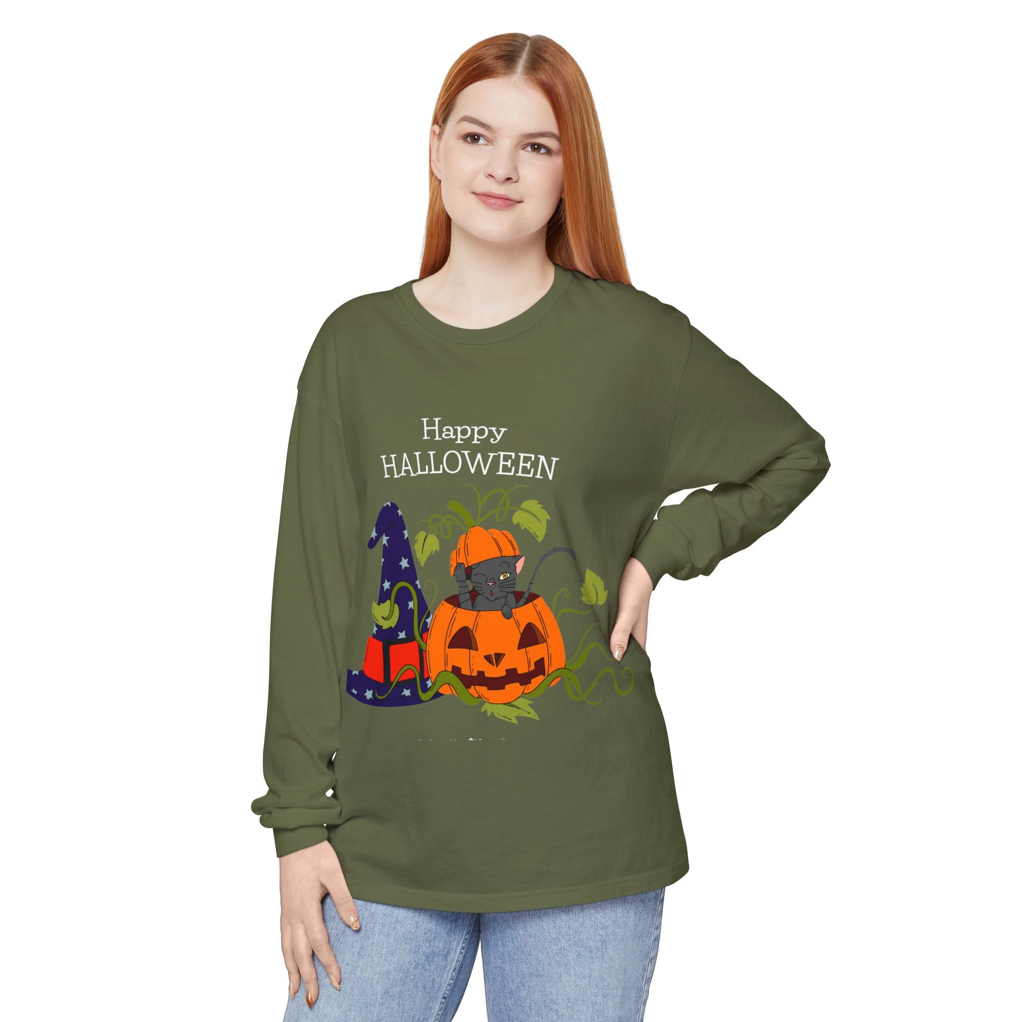 Happy Halloween Cat Long Sleeve T-Shirt, Unisex Halloween Shirt, Spooky Seasonal Apparel, Cute Trick or Treat Tee, Fall Festive Wear
