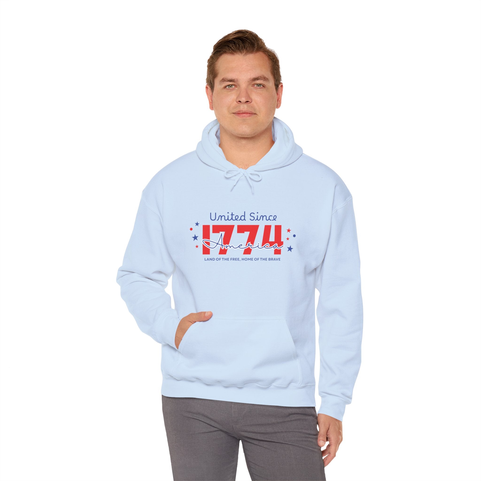 Patriotic Hooded Sweatshirt - United Since 1774, Unisex Pullover, 4th of July Gift, Cozy Fall Apparel, Red White Blue Hoodie