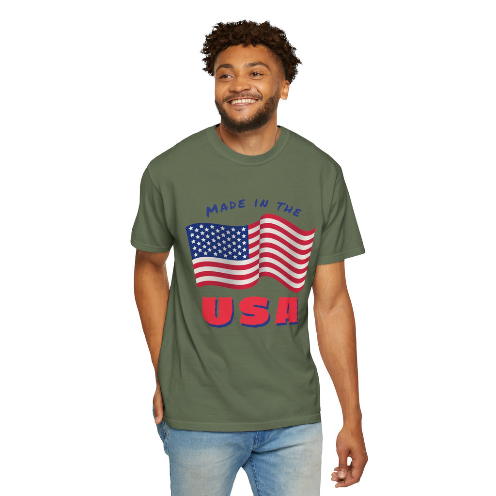 Patriotic T-Shirt for Celebrations, Made in the USA Tee, Unisex Garment-Dyed Shirt, July 4th Apparel, Red White Blue Tee