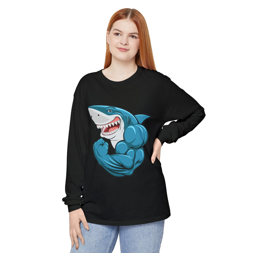 Muscle Shark Long Sleeve T-Shirt, Funny Shark Tee, Gym Humor Shirt, Gift for Ocean Lovers, Unique Workout Apparel