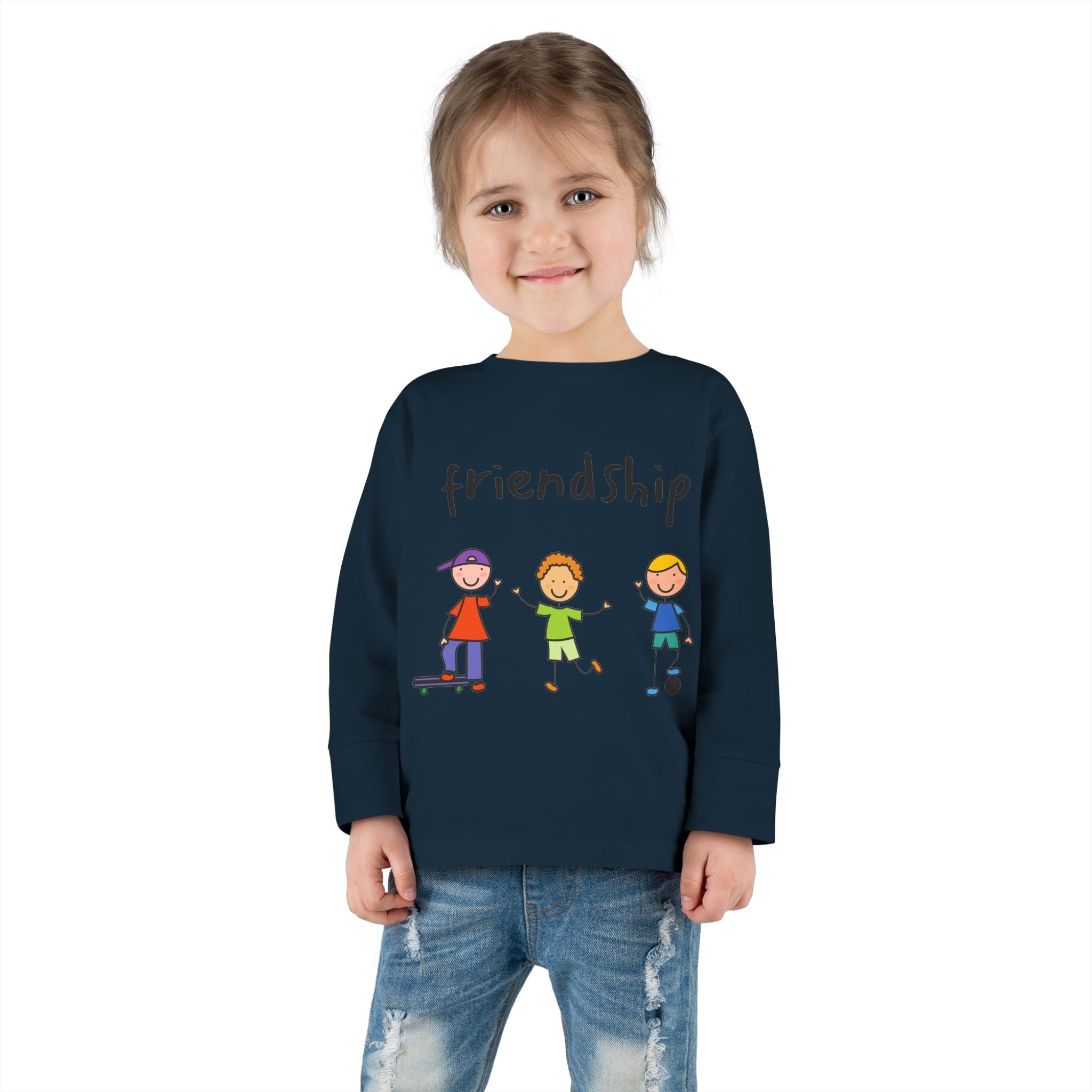 Toddler Long Sleeve Tee - Cute Cartoon Friendship Shirt for Kids, Perfect Birthday Gift, Playtime Comfort, Toddler Apparel