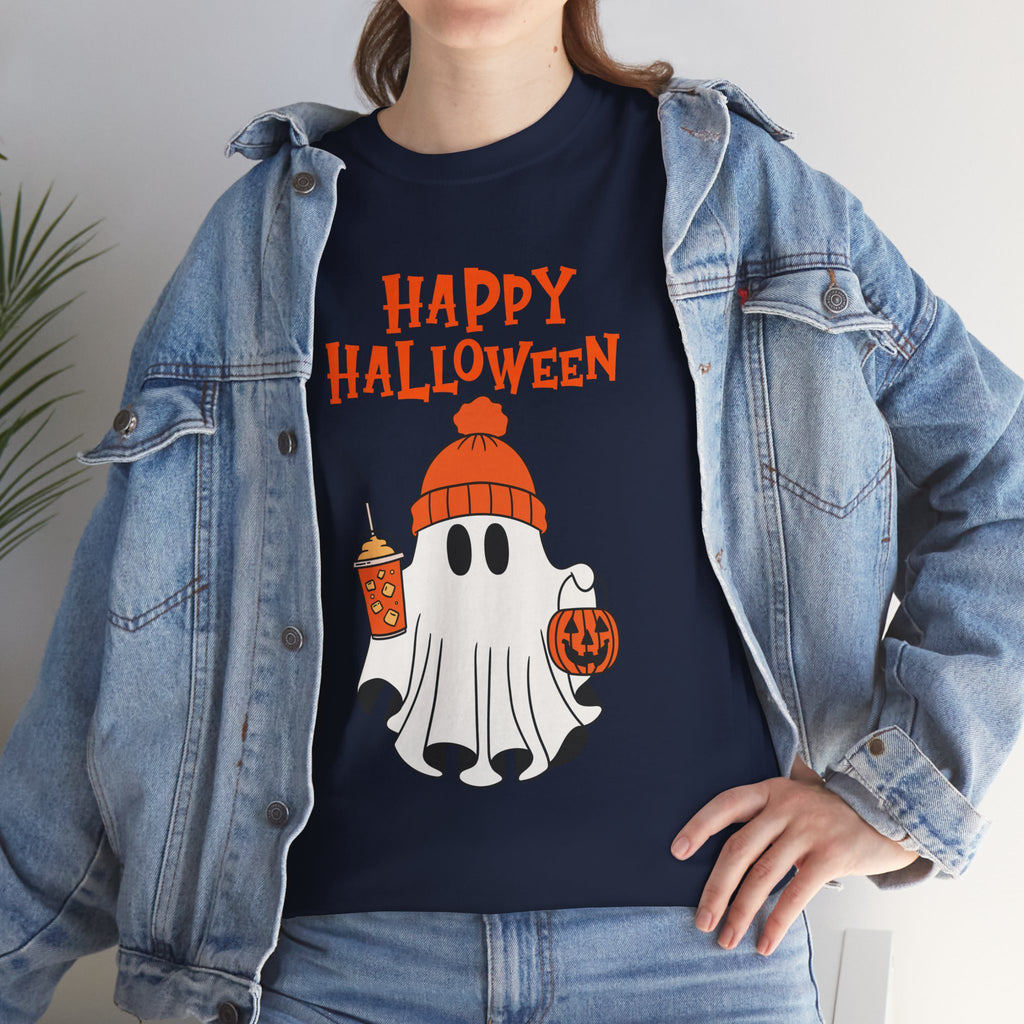 Happy Halloween Ghost Tee, Unisex Cotton T-Shirt, Halloween Apparel, Fall Fashion, Cute Halloween Gift, Ghost Tee