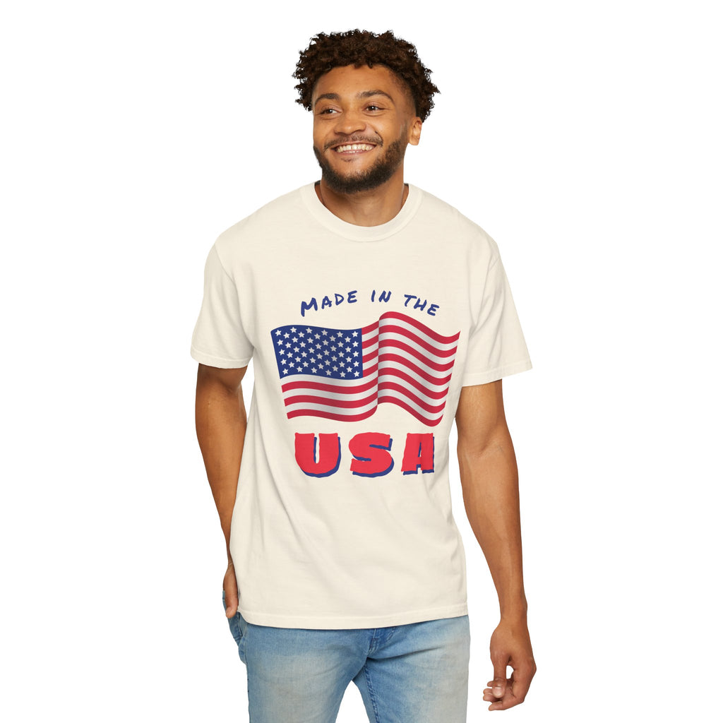Patriotic T-Shirt for Celebrations, Made in the USA Tee, Unisex Garment-Dyed Shirt, July 4th Apparel, Red White Blue Tee