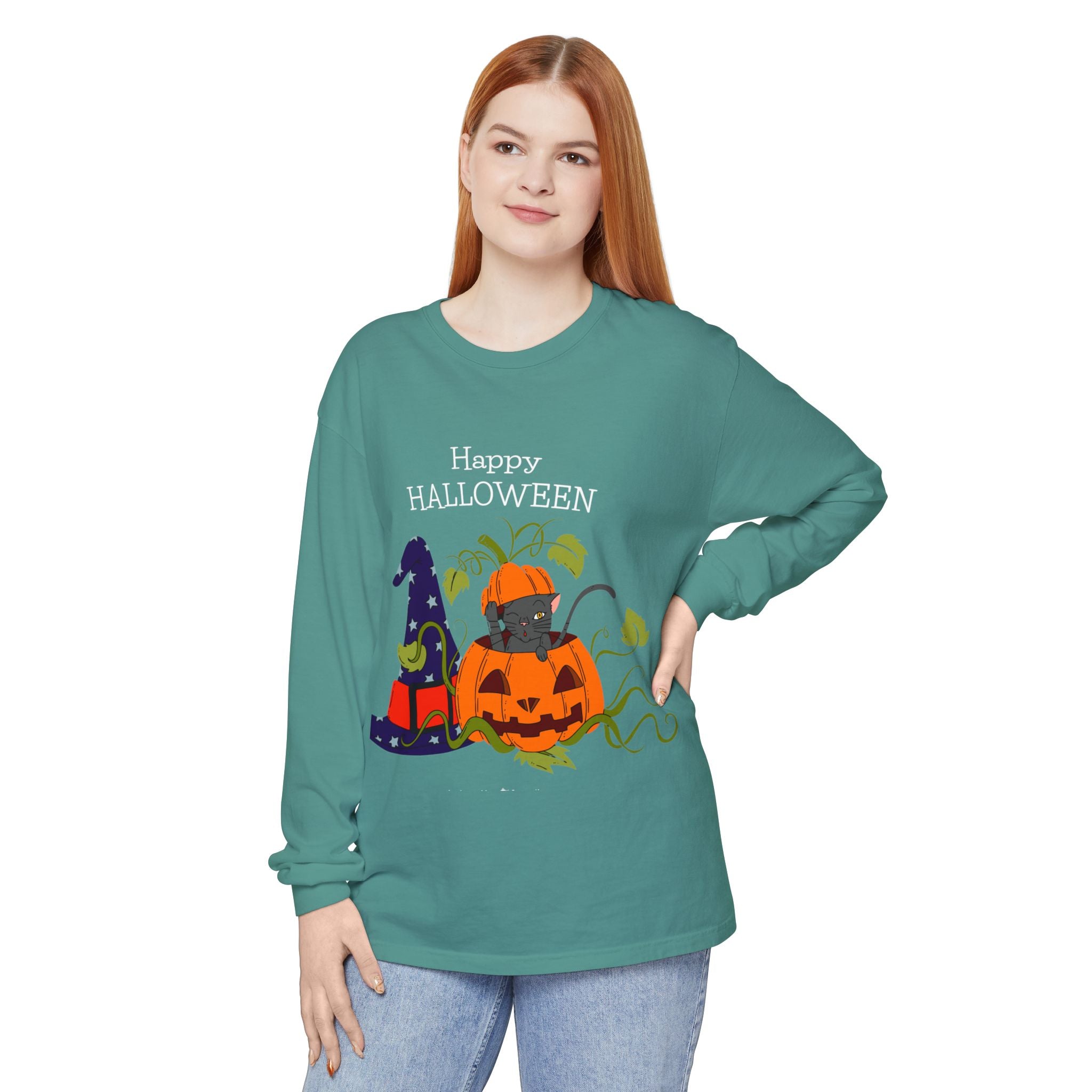 Happy Halloween Cat Long Sleeve T-Shirt, Unisex Halloween Shirt, Spooky Seasonal Apparel, Cute Trick or Treat Tee, Fall Festive Wear