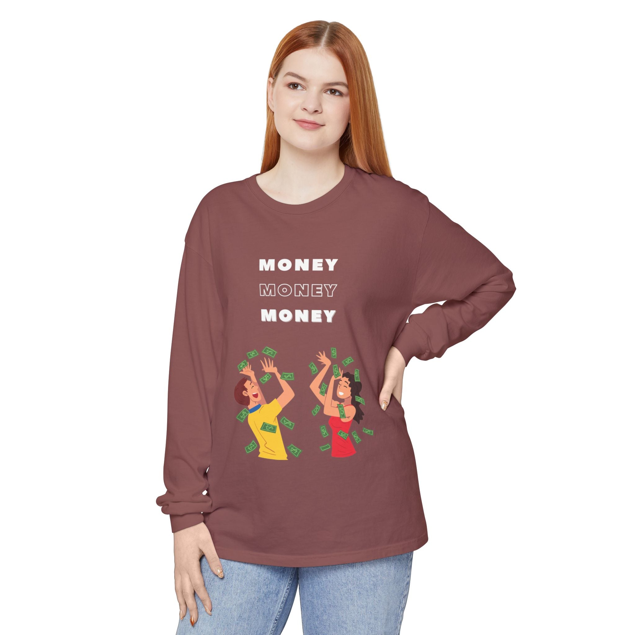 Money-Themed Long Sleeve T-Shirt, Funny Graphic Top, Gift for Finance Lovers, Casual Wear, Party Outfit, Unique Apparel