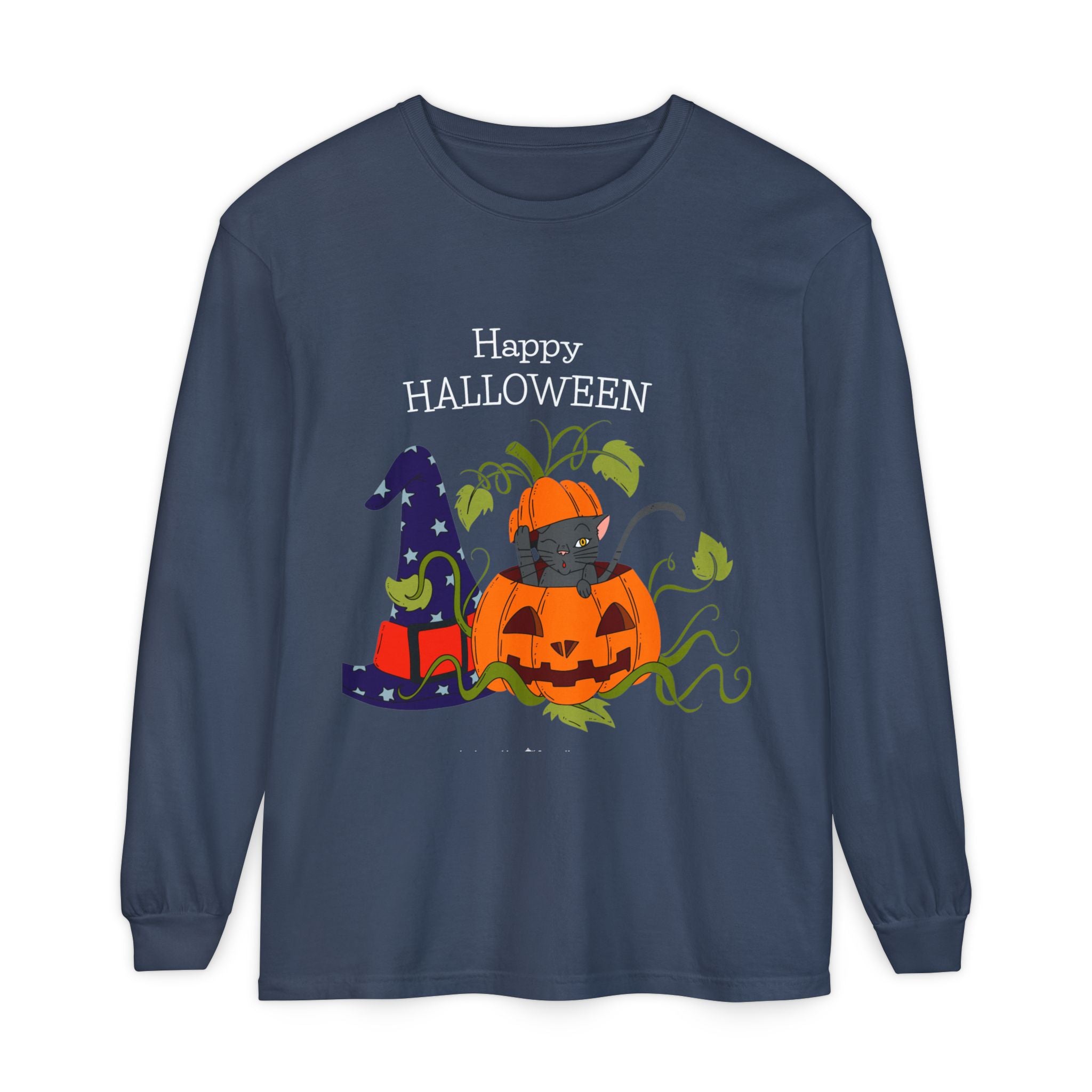 Happy Halloween Cat Long Sleeve T-Shirt, Unisex Halloween Shirt, Spooky Seasonal Apparel, Cute Trick or Treat Tee, Fall Festive Wear