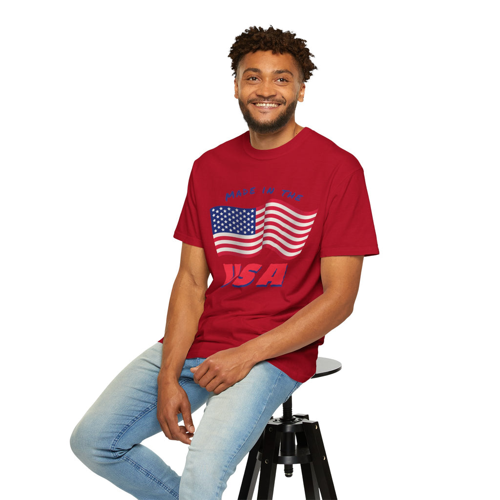 Patriotic T-Shirt for Celebrations, Made in the USA Tee, Unisex Garment-Dyed Shirt, July 4th Apparel, Red White Blue Tee