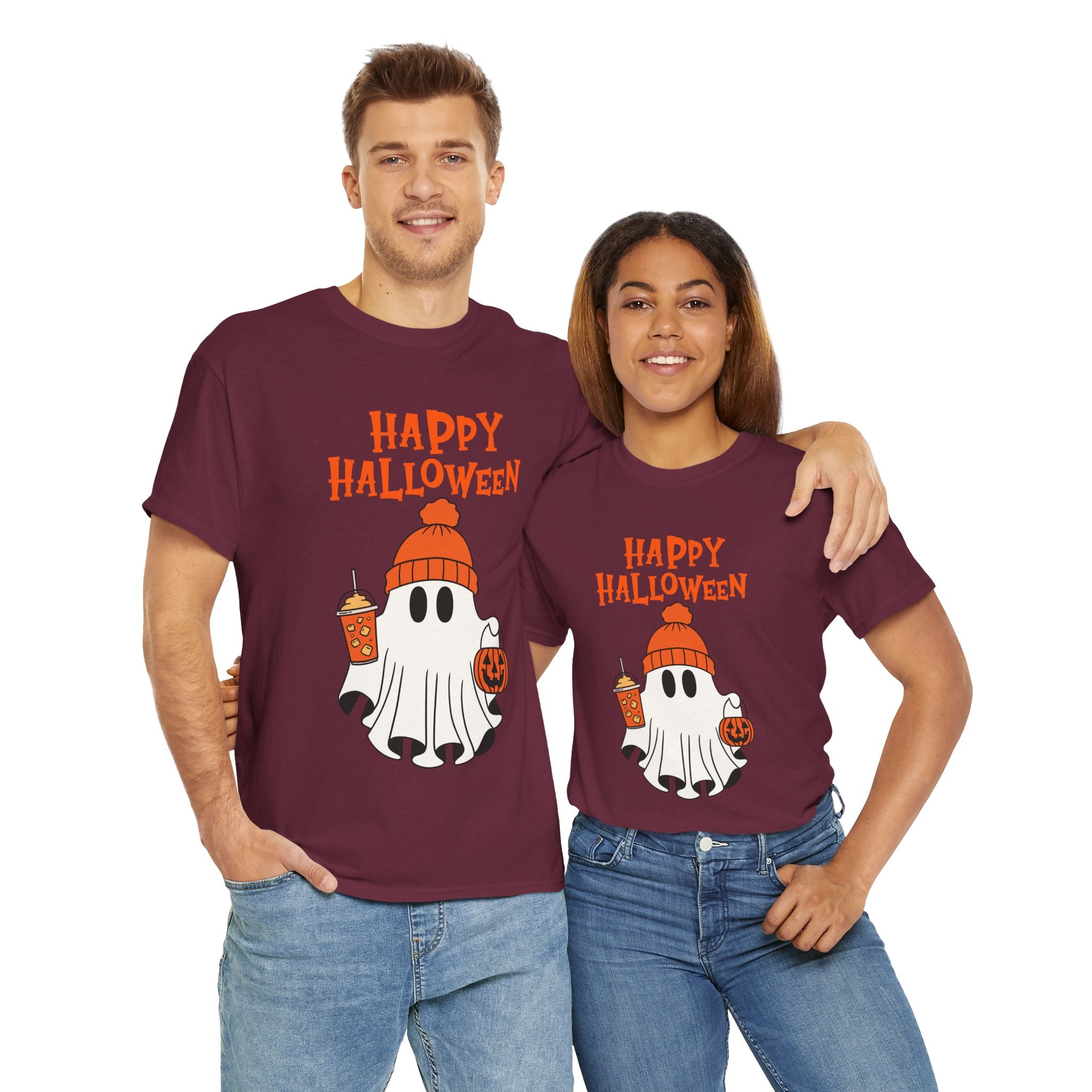 Happy Halloween Ghost Tee, Unisex Cotton T-Shirt, Halloween Apparel, Fall Fashion, Cute Halloween Gift, Ghost Tee