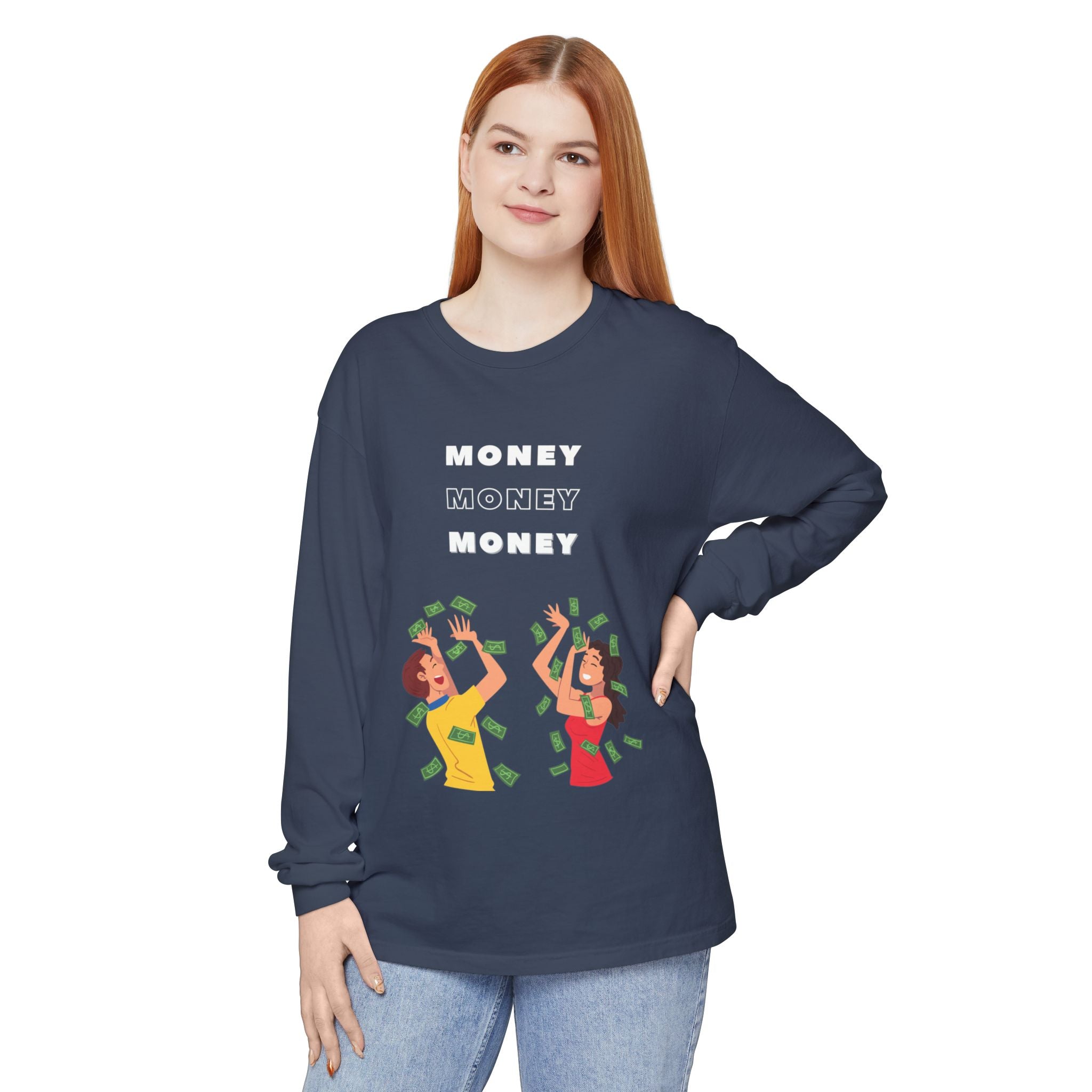 Money-Themed Long Sleeve T-Shirt, Funny Graphic Top, Gift for Finance Lovers, Casual Wear, Party Outfit, Unique Apparel