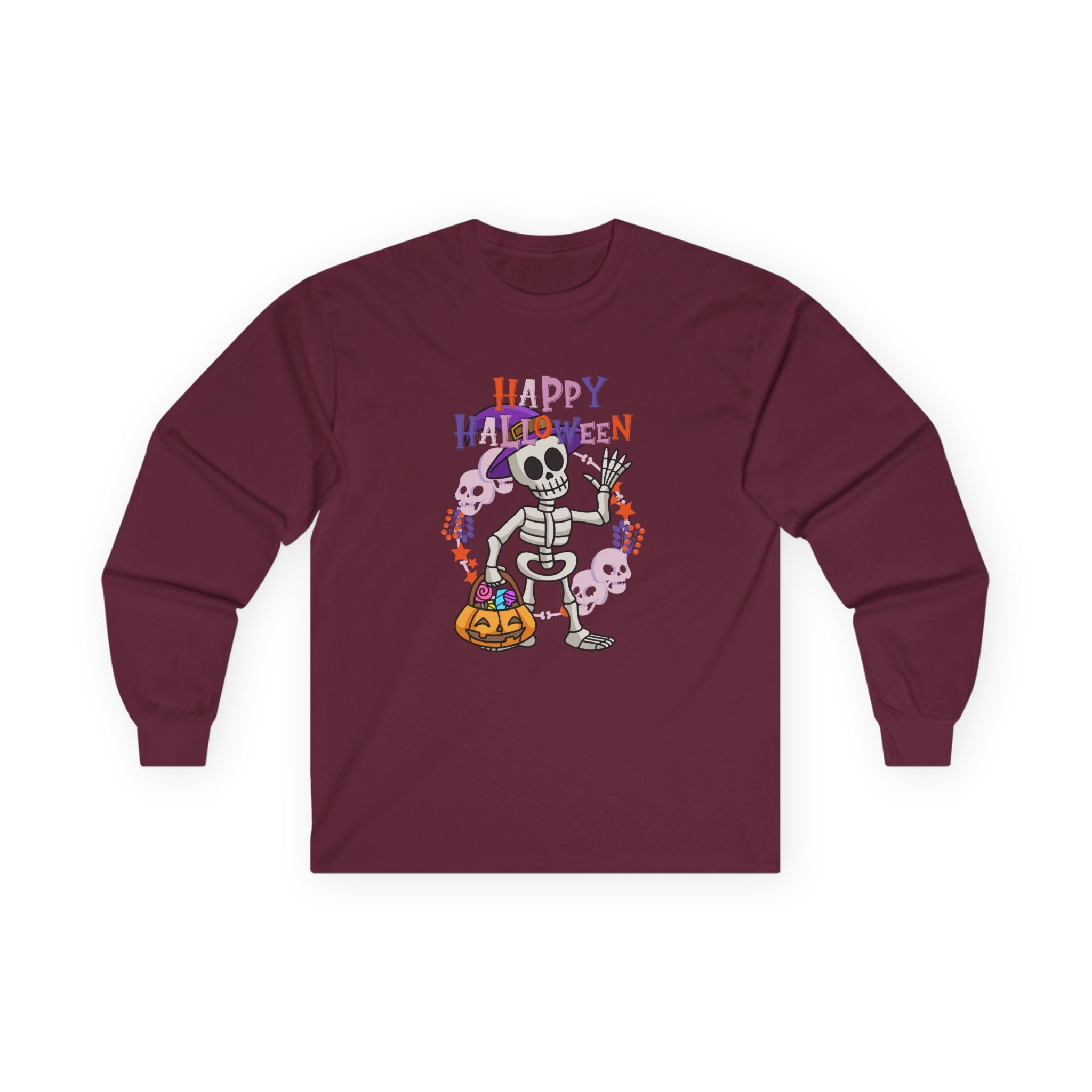 Happy Halloween Skeleton Long Sleeve Tee, Unisex Autumn Shirt, Halloween Costume Top, Spooky Graphic Tee, Fall Celebration Apparel