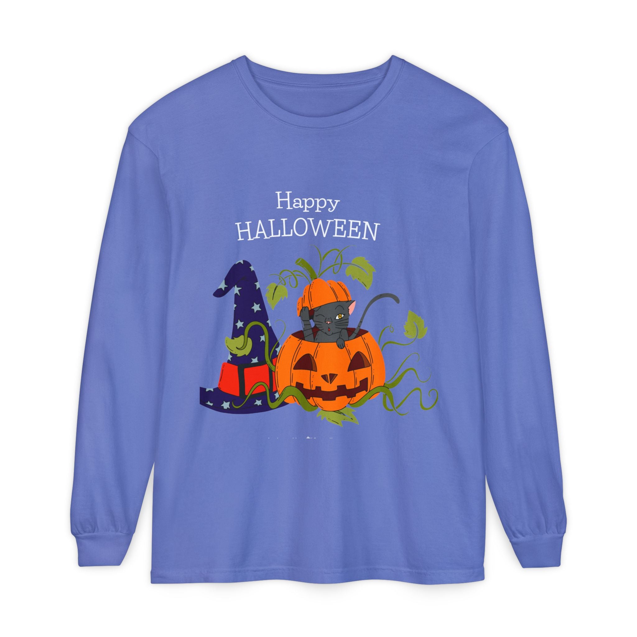 Happy Halloween Cat Long Sleeve T-Shirt, Unisex Halloween Shirt, Spooky Seasonal Apparel, Cute Trick or Treat Tee, Fall Festive Wear