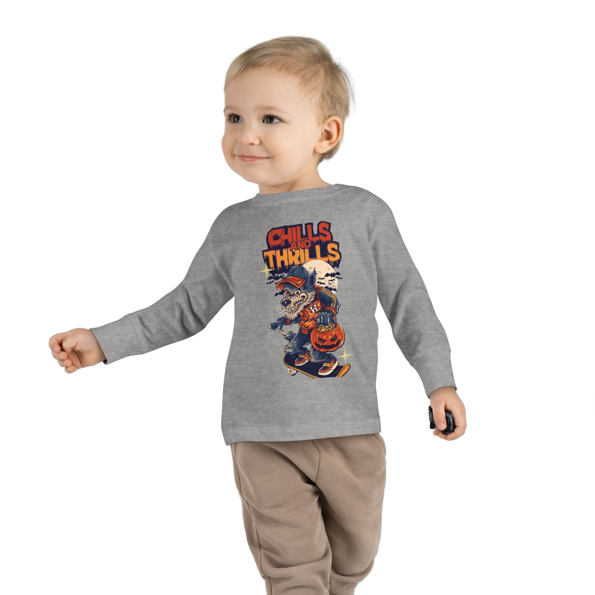 Toddler Long Sleeve Tee with Chills & Thrills Halloween Skater Design, Kids Fall Apparel, Halloween Outfit, Toddler Skate Tee, Fun [...]