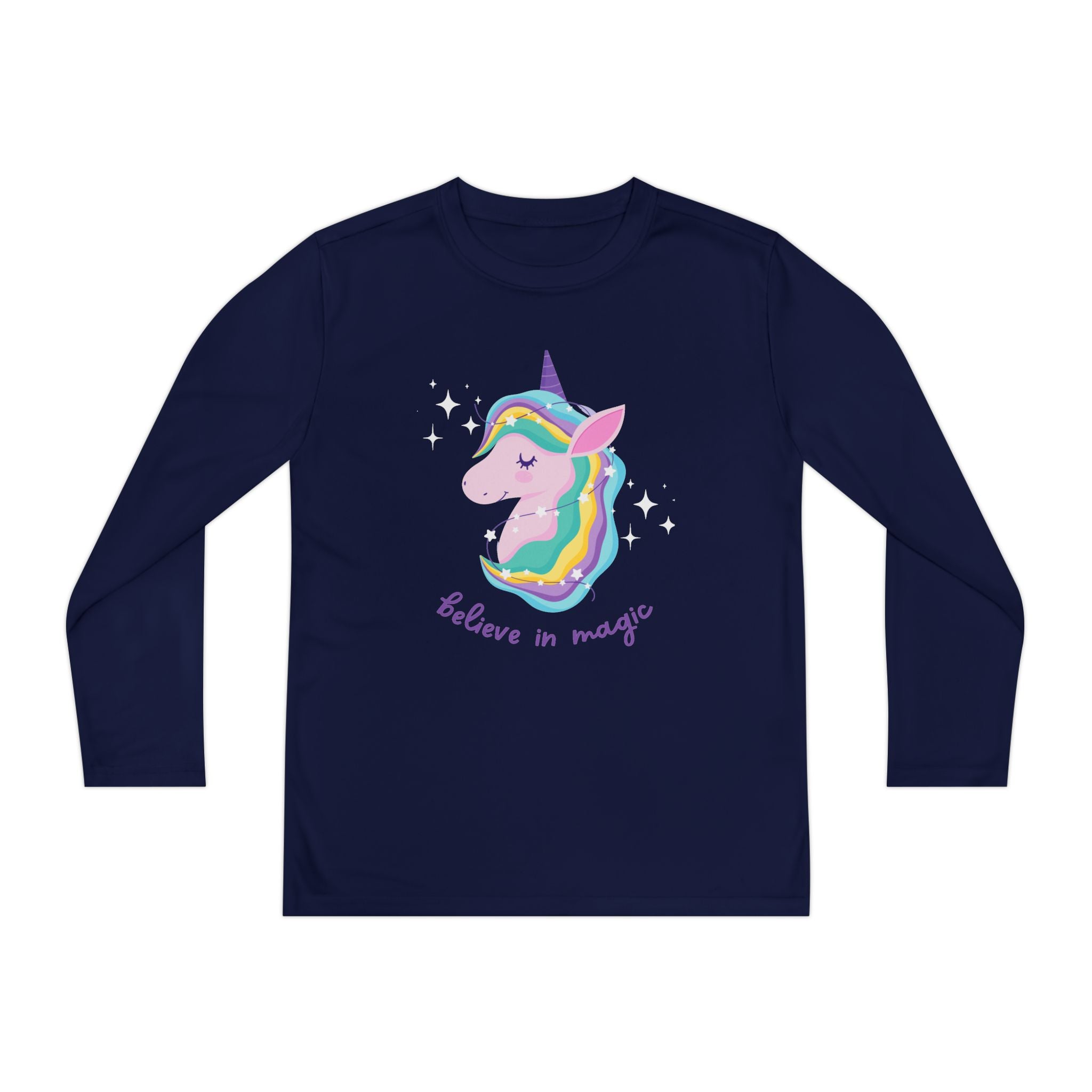Youth Long Sleeve Unicorn Tee - Believe in Magic, Kids' Shirt, Unicorn Gifts, Birthday Outfit, Casual Wear, Rainbow Design