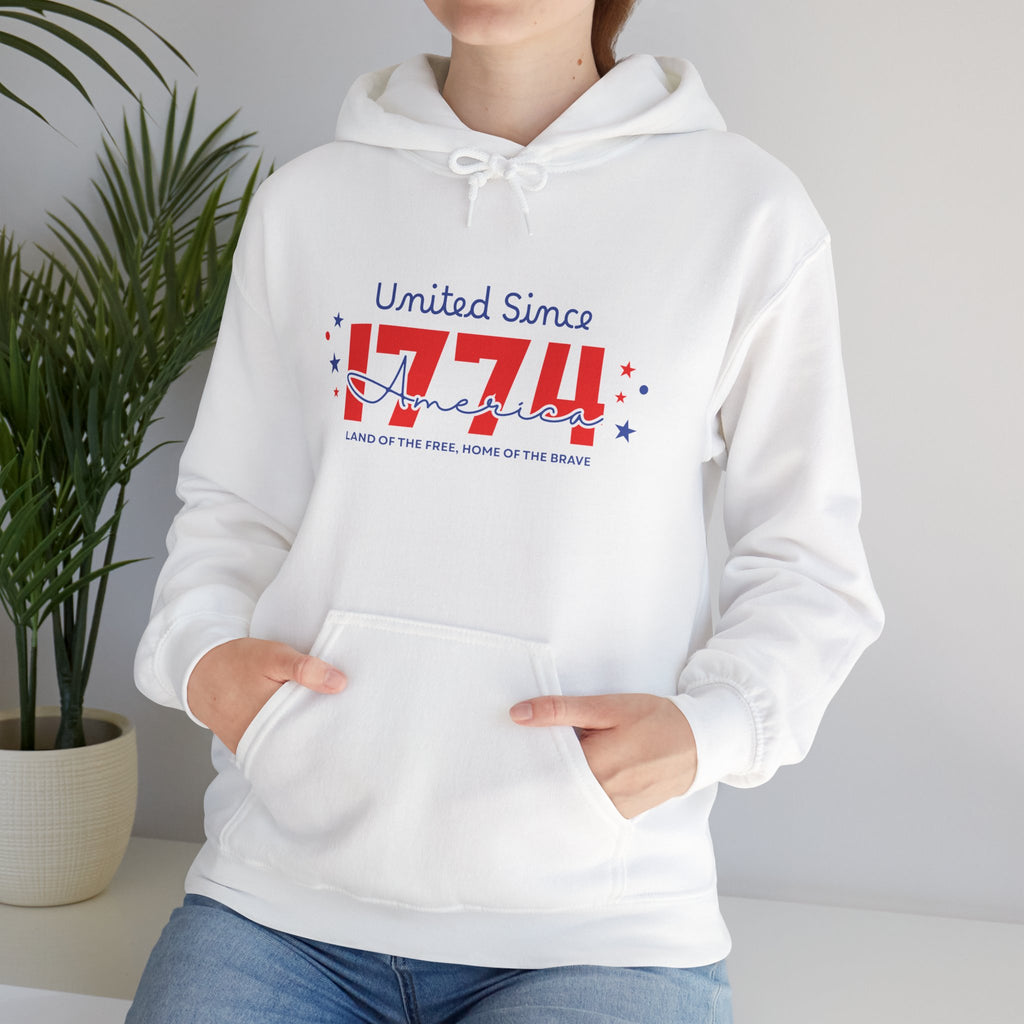 Patriotic Hooded Sweatshirt - United Since 1774, Unisex Pullover, 4th of July Gift, Cozy Fall Apparel, Red White Blue Hoodie