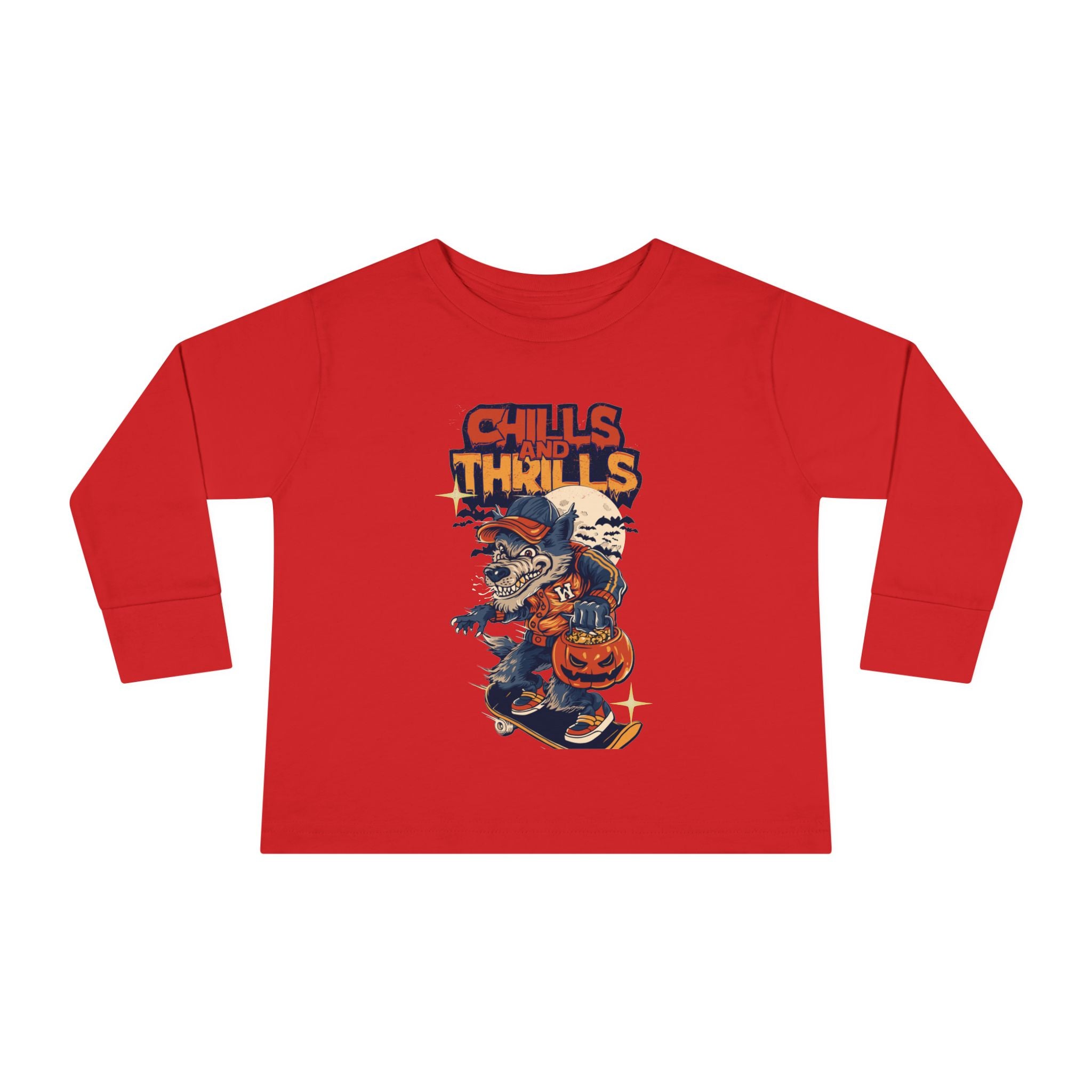 Toddler Long Sleeve Tee with Chills & Thrills Halloween Skater Design, Kids Fall Apparel, Halloween Outfit, Toddler Skate Tee, Fun [...]