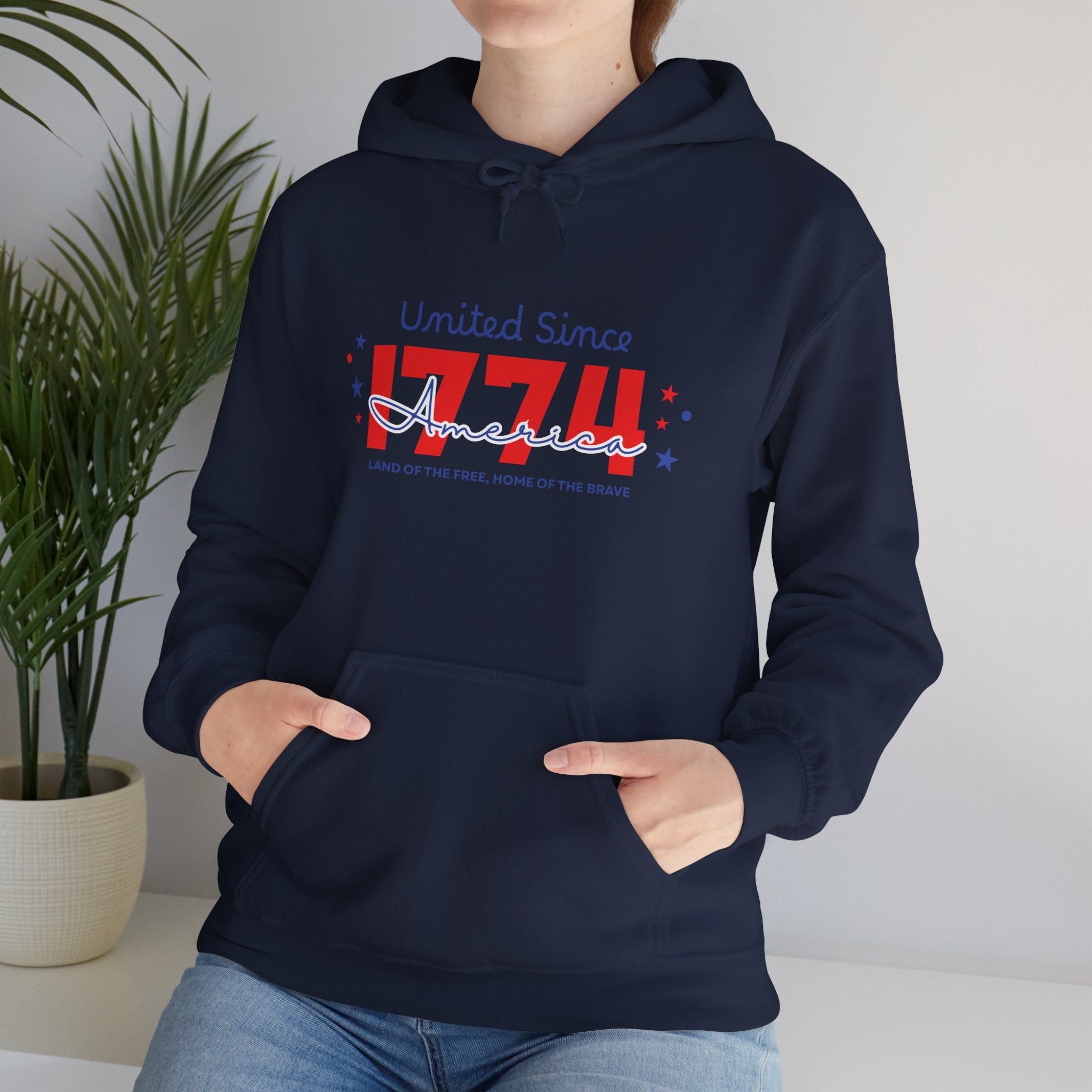 Patriotic Hooded Sweatshirt - United Since 1774, Unisex Pullover, 4th of July Gift, Cozy Fall Apparel, Red White Blue Hoodie