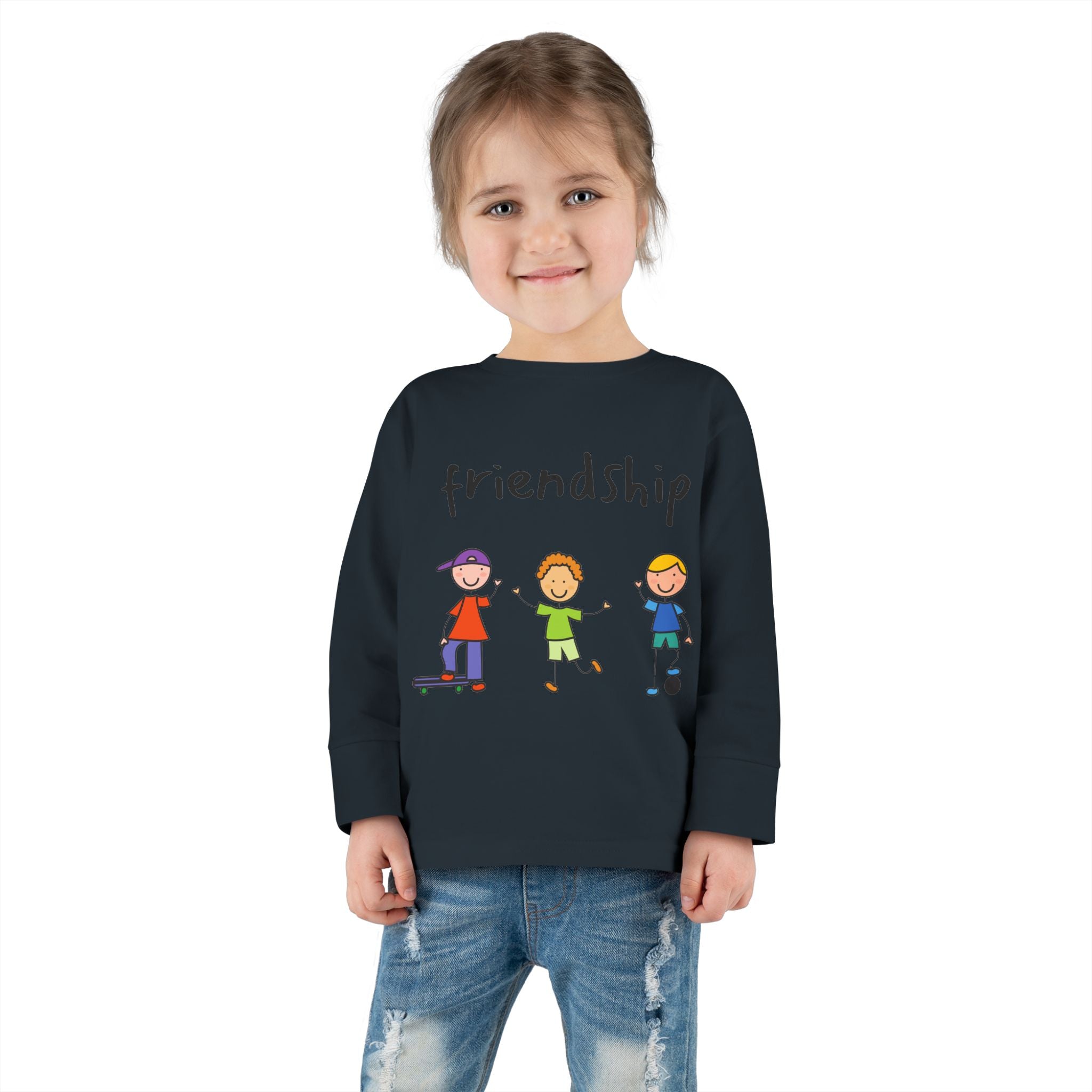 Toddler Long Sleeve Tee - Cute Cartoon Friendship Shirt for Kids, Perfect Birthday Gift, Playtime Comfort, Toddler Apparel