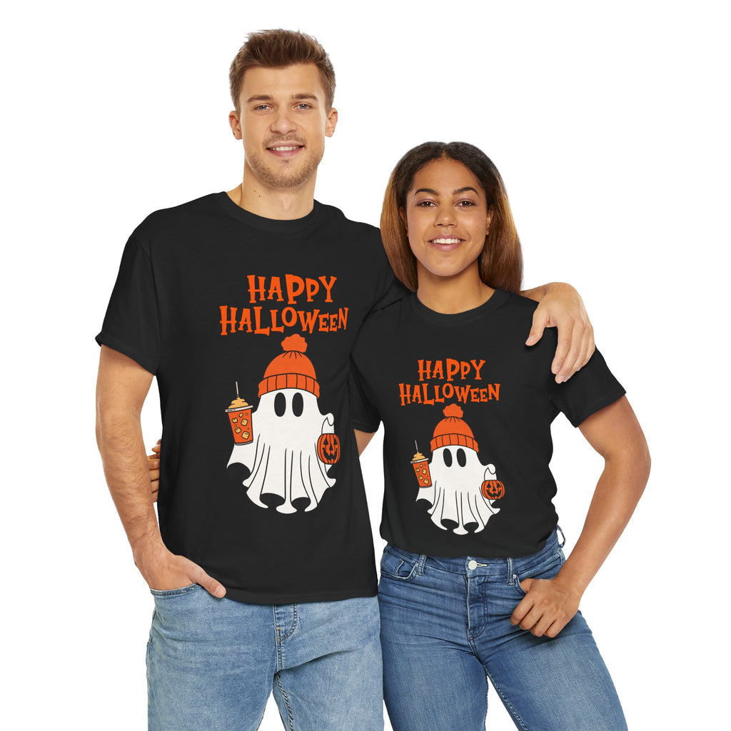 Happy Halloween Ghost Tee, Unisex Cotton T-Shirt, Halloween Apparel, Fall Fashion, Cute Halloween Gift, Ghost Tee