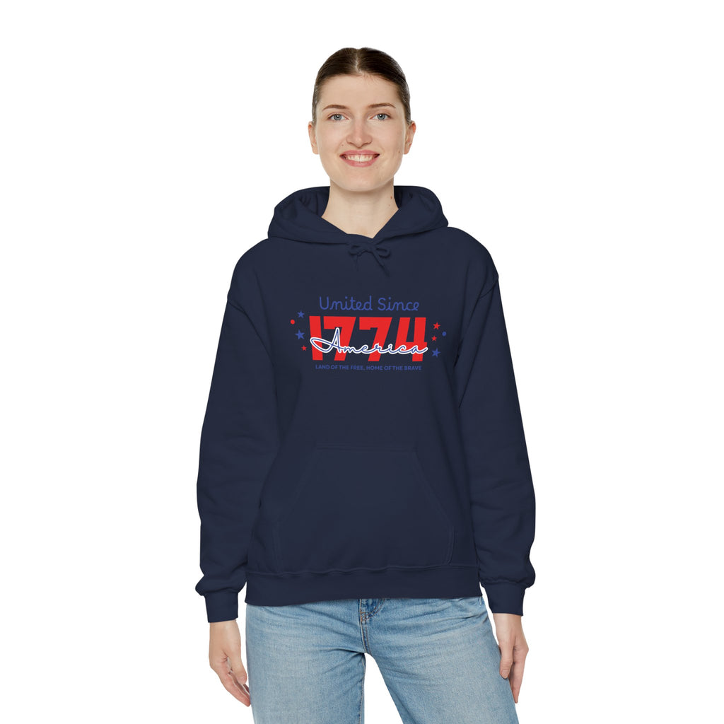 Patriotic Hooded Sweatshirt - United Since 1774, Unisex Pullover, 4th of July Gift, Cozy Fall Apparel, Red White Blue Hoodie