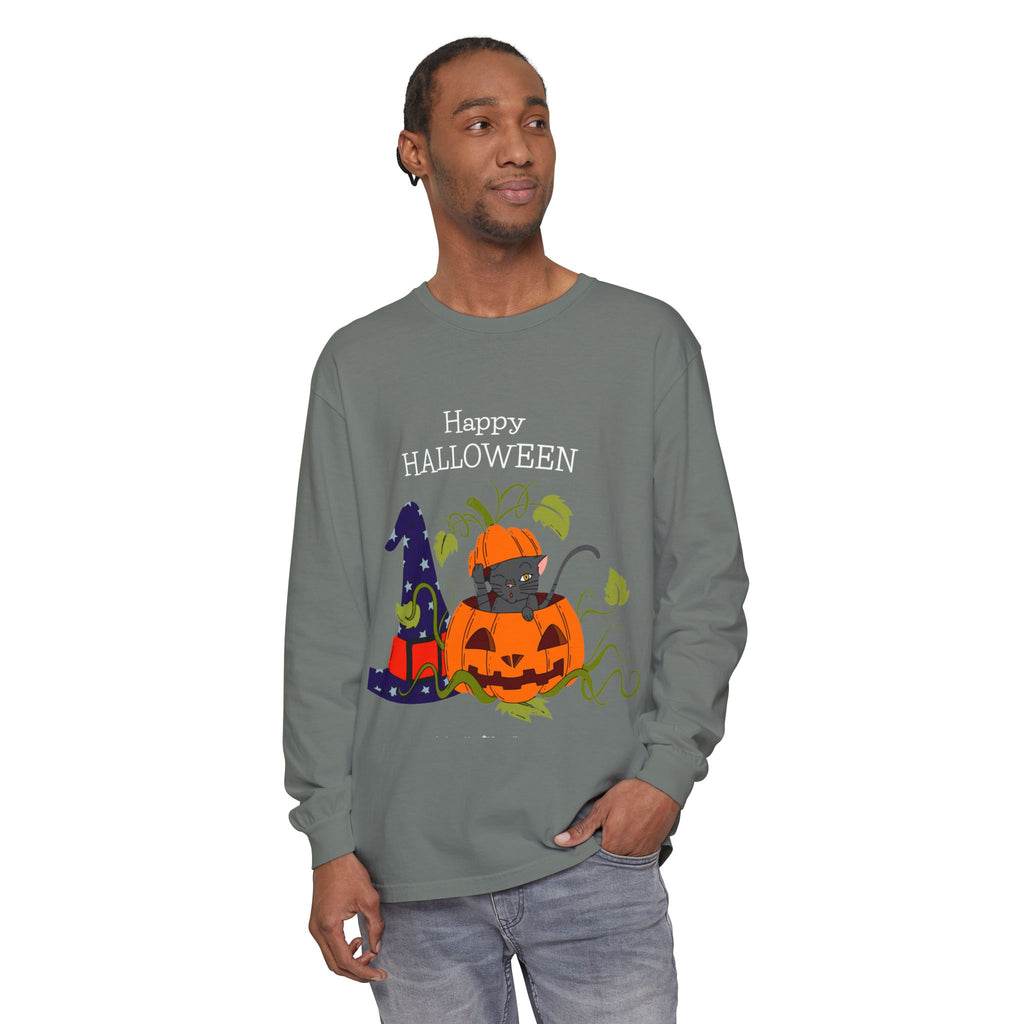 Happy Halloween Cat Long Sleeve T-Shirt, Unisex Halloween Shirt, Spooky Seasonal Apparel, Cute Trick or Treat Tee, Fall Festive Wear