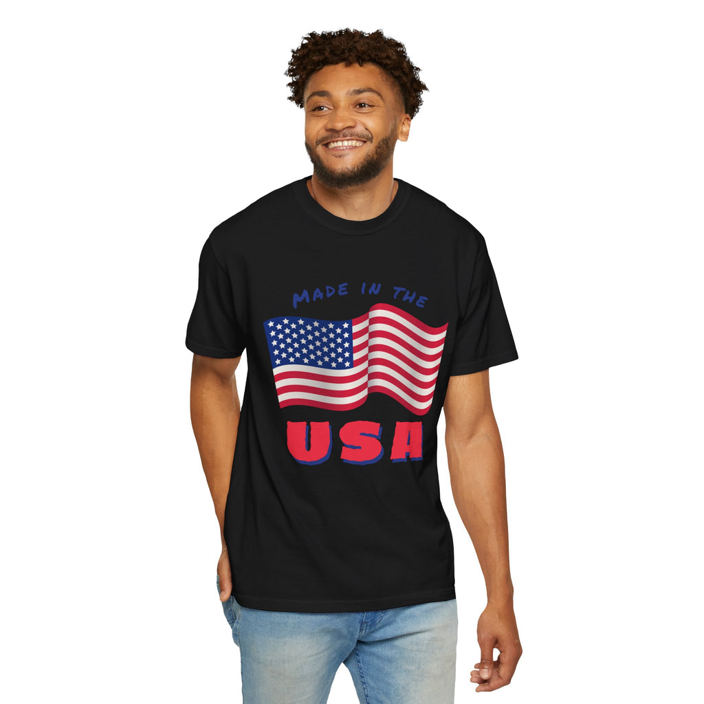 Patriotic T-Shirt for Celebrations, Made in the USA Tee, Unisex Garment-Dyed Shirt, July 4th Apparel, Red White Blue Tee