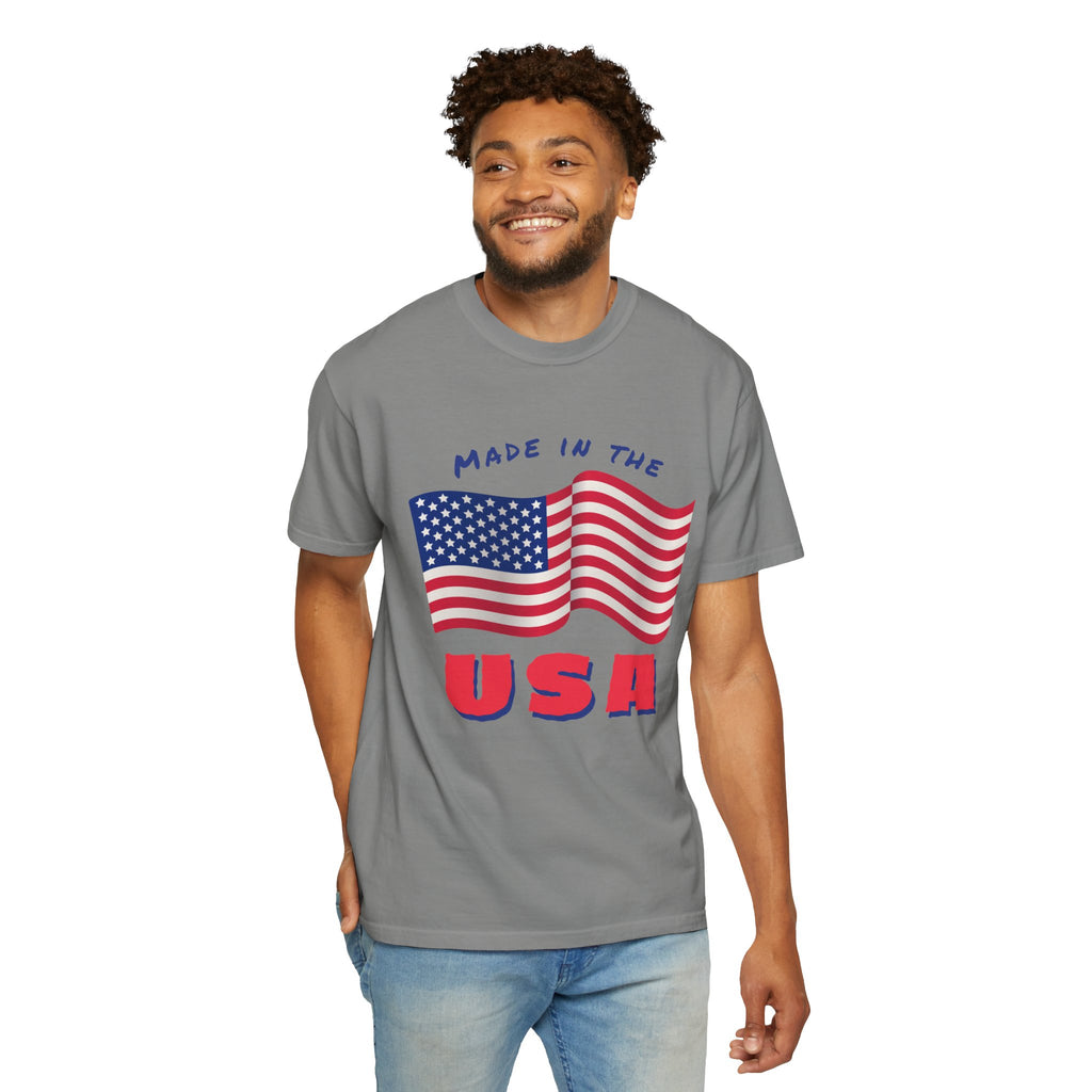 Patriotic T-Shirt for Celebrations, Made in the USA Tee, Unisex Garment-Dyed Shirt, July 4th Apparel, Red White Blue Tee