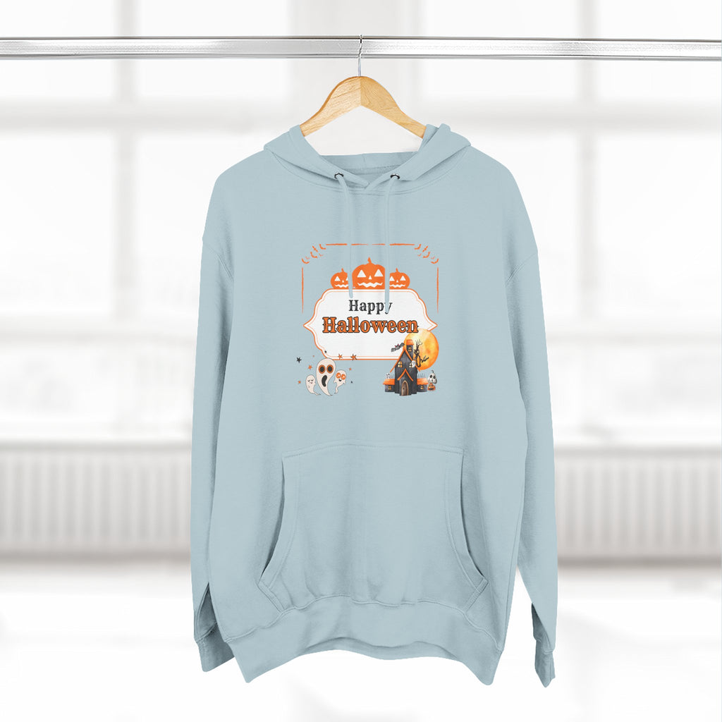 Happy Halloween Three-Panel Fleece Hoodie, Cozy Halloween Sweatshirt, Fall Fashion, Autumn Gift, Seasonal Apparel