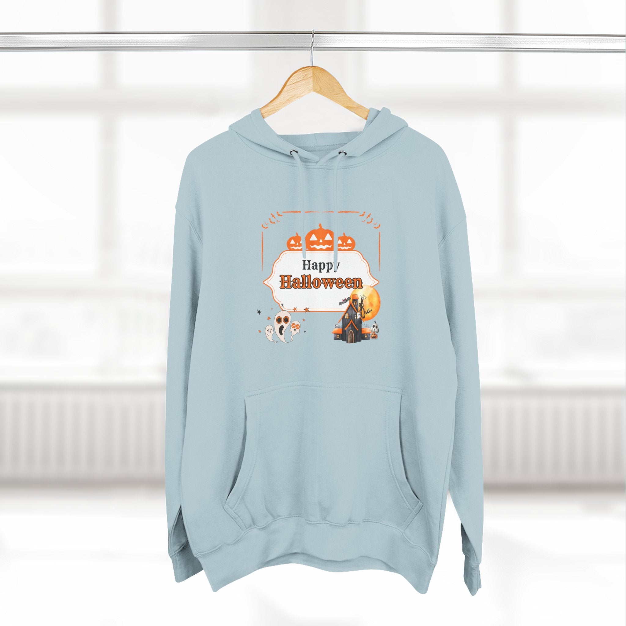 Happy Halloween Three-Panel Fleece Hoodie, Cozy Halloween Sweatshirt, Fall Fashion, Autumn Gift, Seasonal Apparel
