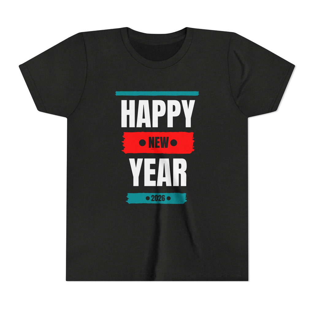 Happy New Year Youth Tee, Short Sleeve Shirt for Kids, Holiday T-Shirt, Party Apparel, Festive Clothing, New Year Celebration Gear