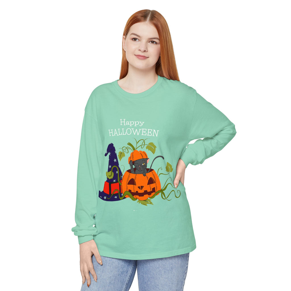 Happy Halloween Cat Long Sleeve T-Shirt, Unisex Halloween Shirt, Spooky Seasonal Apparel, Cute Trick or Treat Tee, Fall Festive Wear