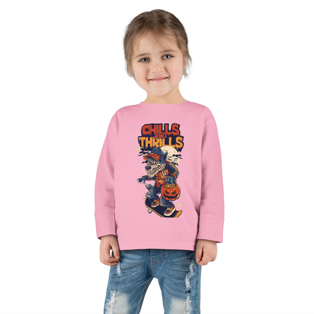 Toddler Long Sleeve Tee with Chills & Thrills Halloween Skater Design, Kids Fall Apparel, Halloween Outfit, Toddler Skate Tee, Fun [...]