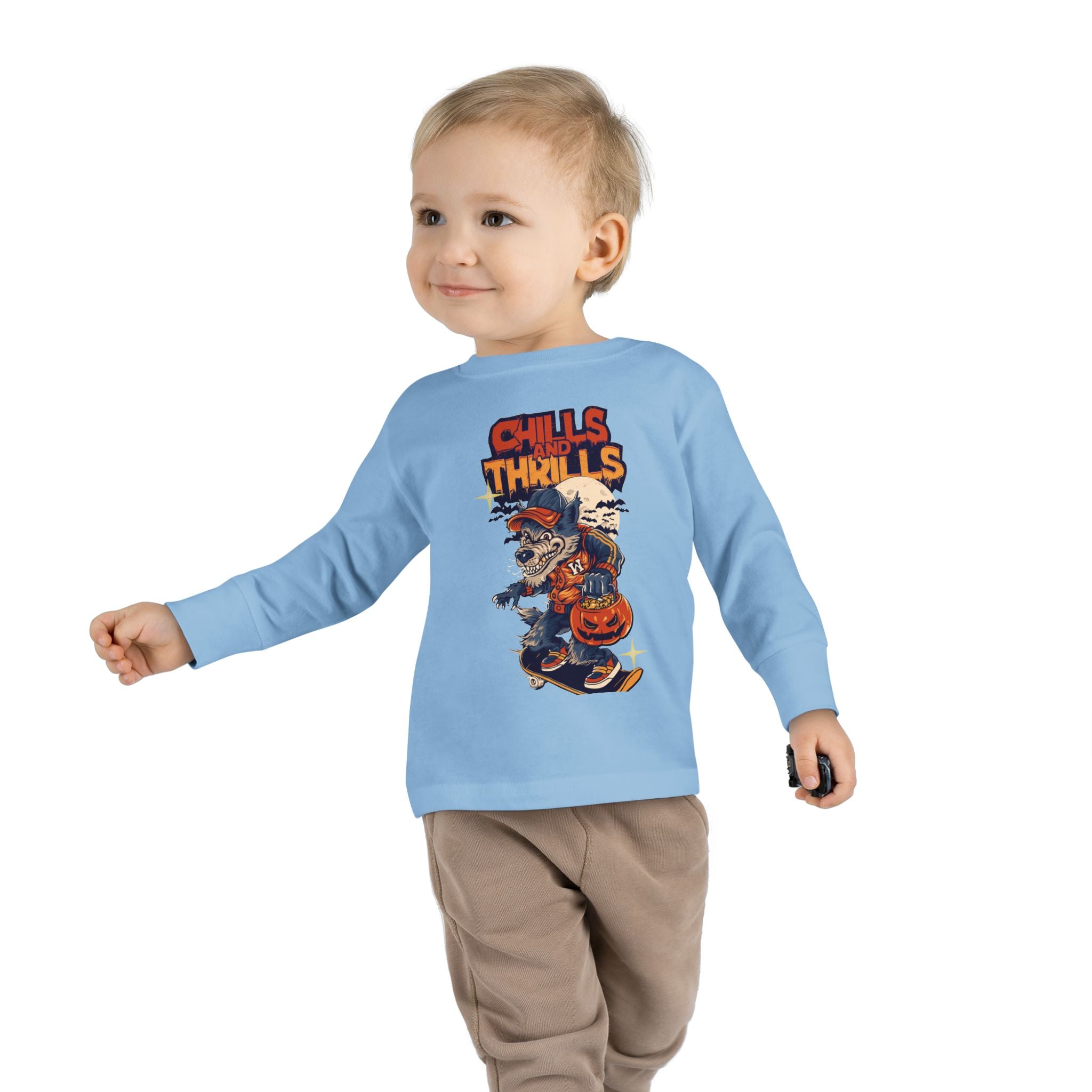 Toddler Long Sleeve Tee with Chills & Thrills Halloween Skater Design, Kids Fall Apparel, Halloween Outfit, Toddler Skate Tee, Fun [...]