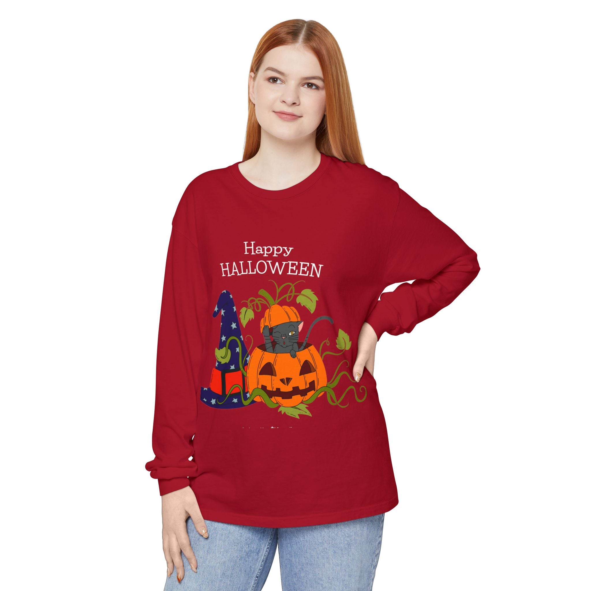 Happy Halloween Cat Long Sleeve T-Shirt, Unisex Halloween Shirt, Spooky Seasonal Apparel, Cute Trick or Treat Tee, Fall Festive Wear