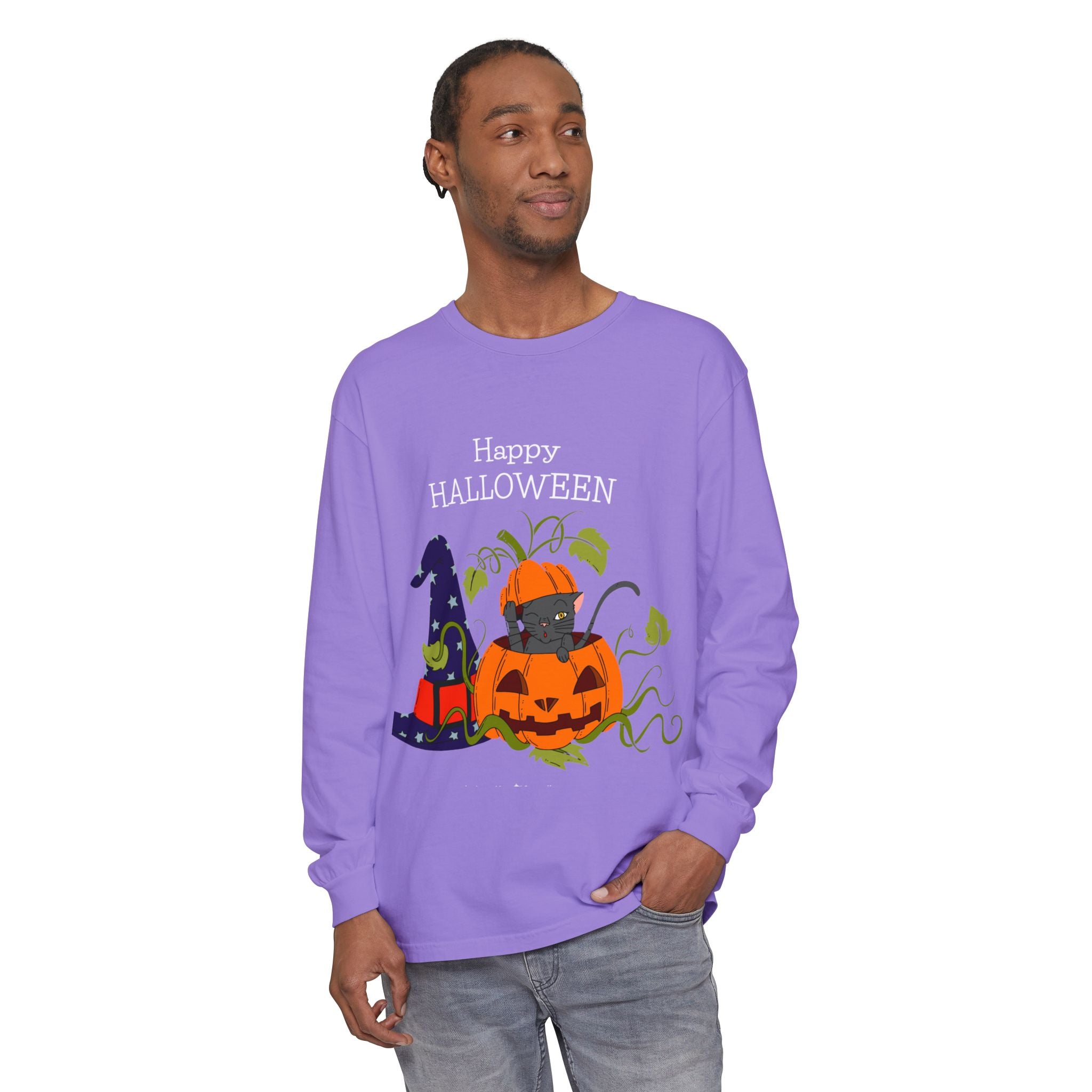 Happy Halloween Cat Long Sleeve T-Shirt, Unisex Halloween Shirt, Spooky Seasonal Apparel, Cute Trick or Treat Tee, Fall Festive Wear