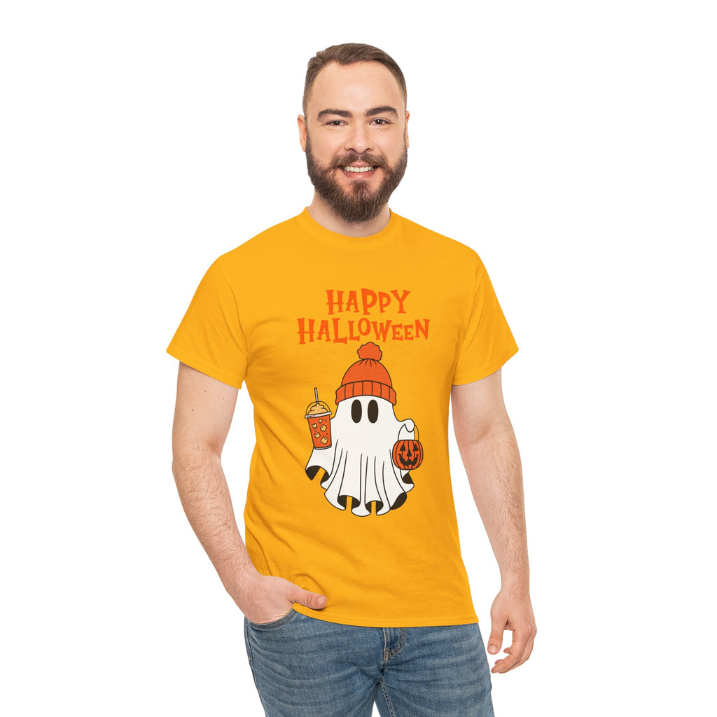 Happy Halloween Ghost Tee, Unisex Cotton T-Shirt, Halloween Apparel, Fall Fashion, Cute Halloween Gift, Ghost Tee